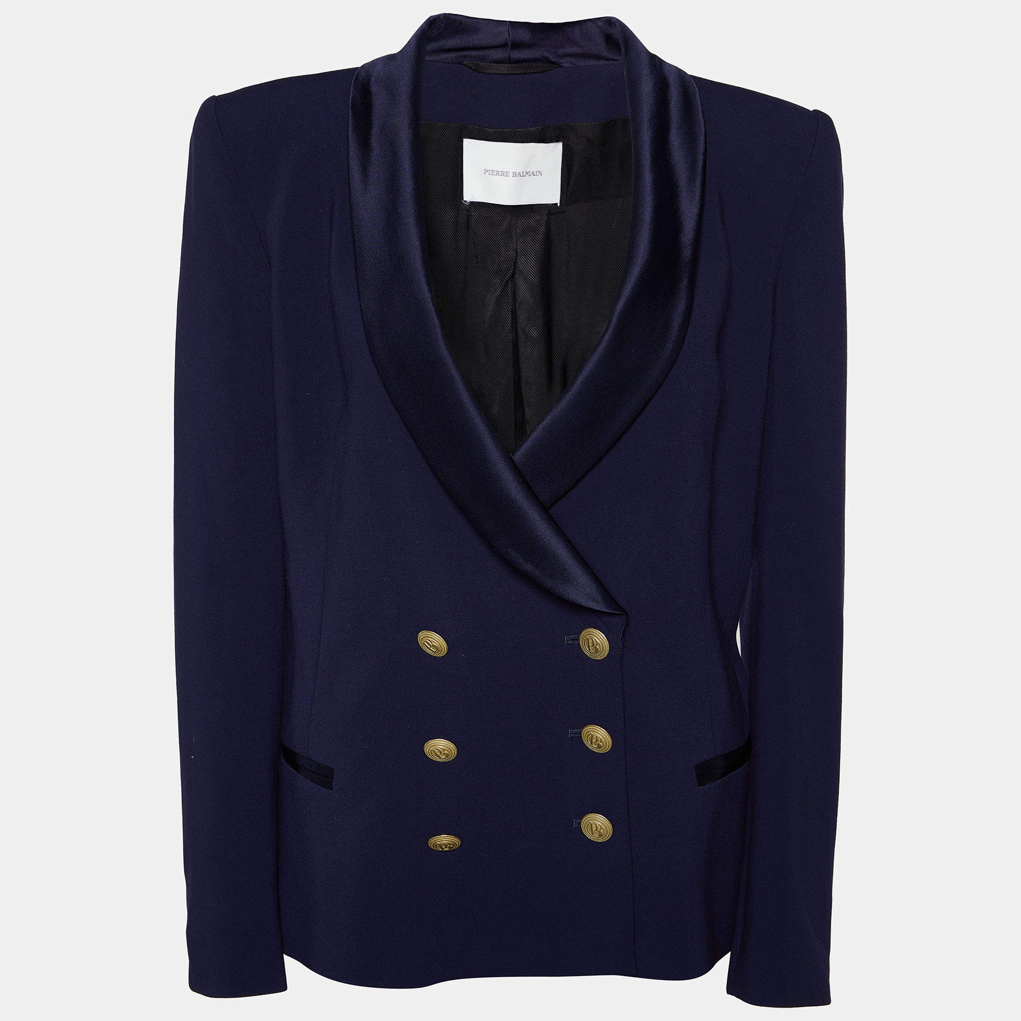 Pre Owned Pierre Balmain Navy Blue Crepe & Satin Lapel Double Breasted Blazer L