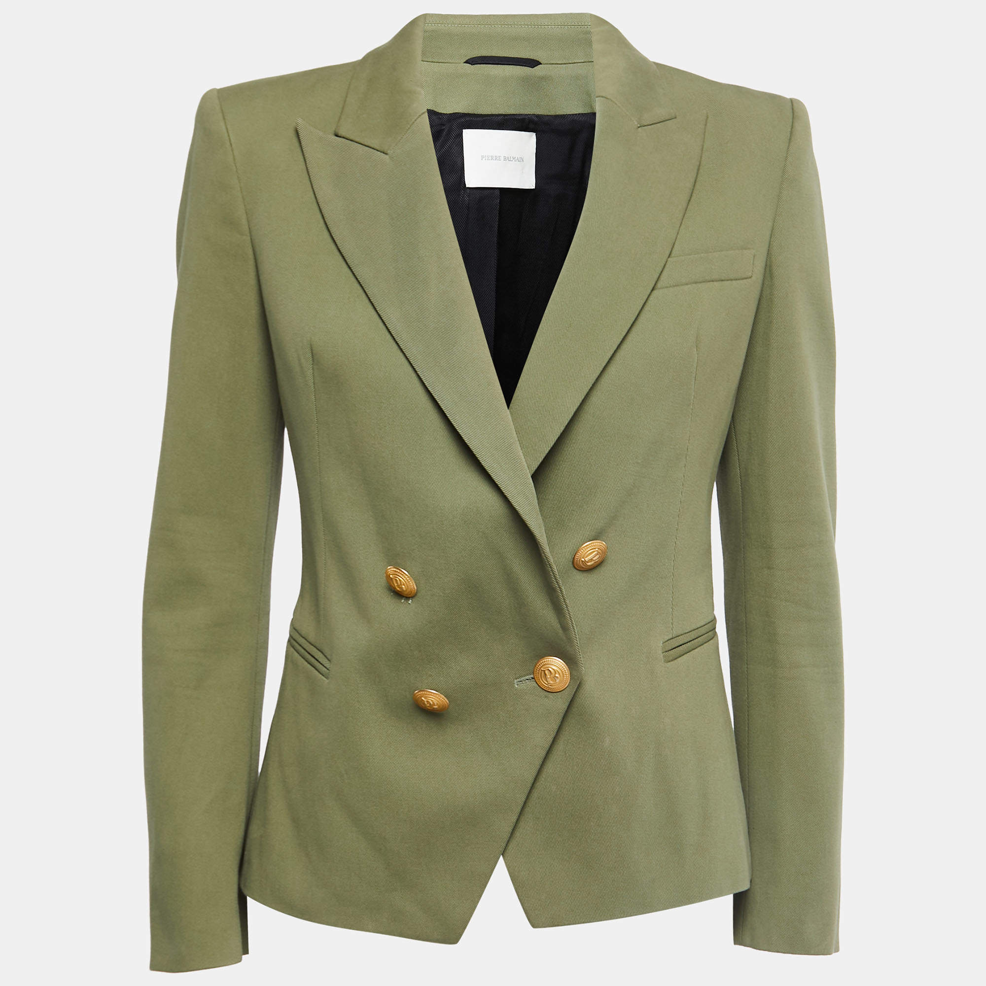 Pierre Balmain Olive Green Cotton Double Breasted Blazer M
