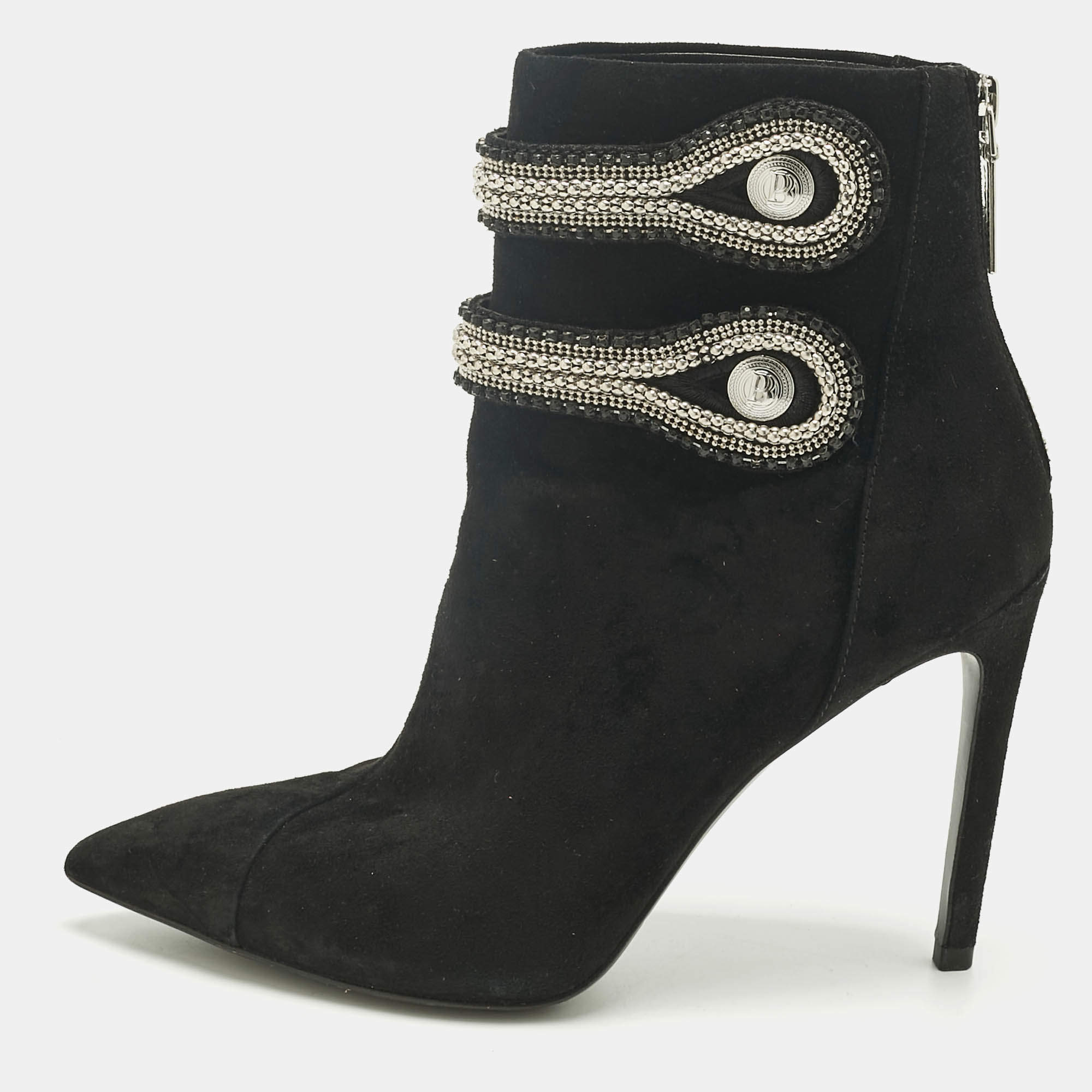 Pre Owned Pierre Balmain Black Suede Crystal Embellished Ankle Length Boots Size 37