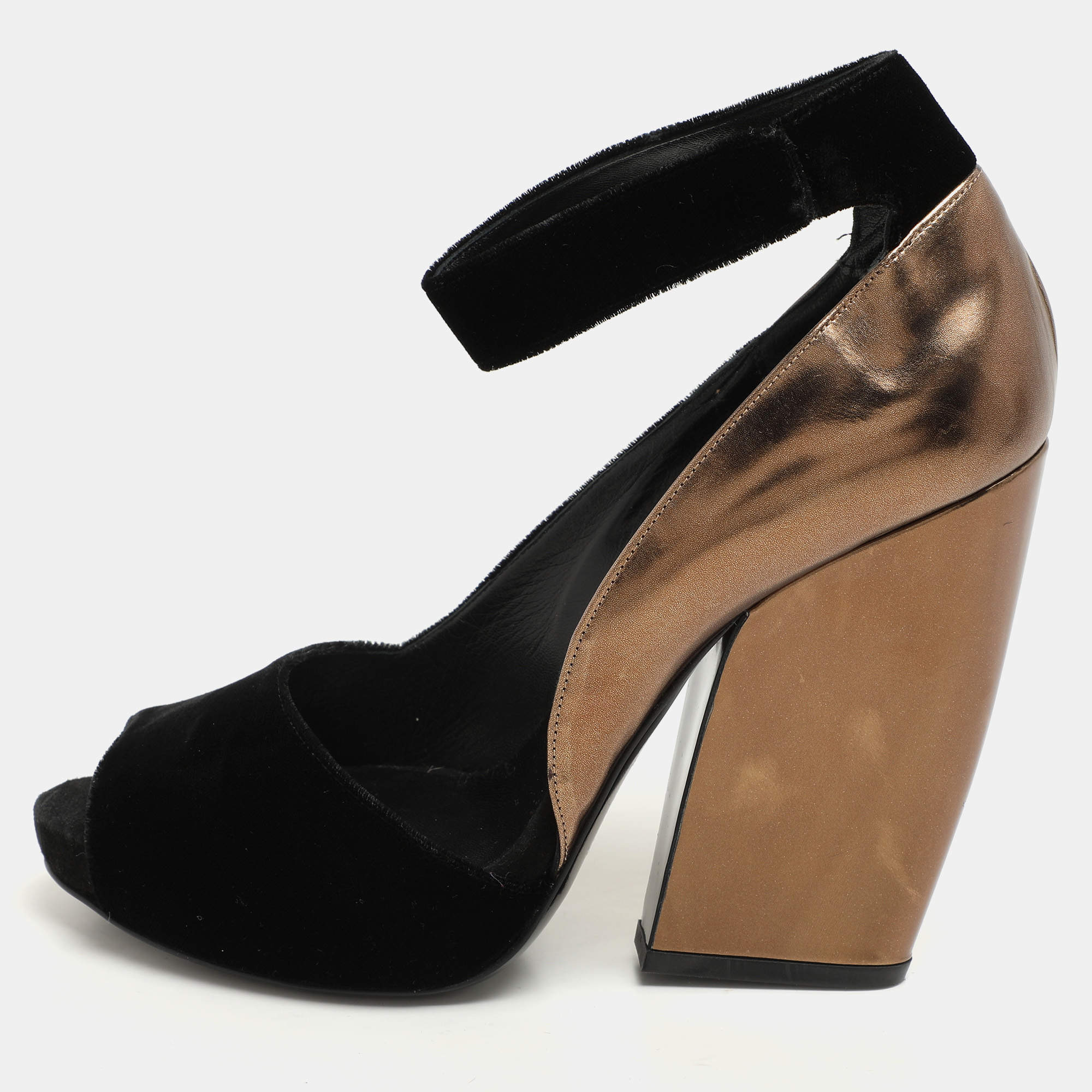 PIERRE HARDY Black/Bronze Leather and Velvet Block Heel Ankle Strap Pumps Size 40