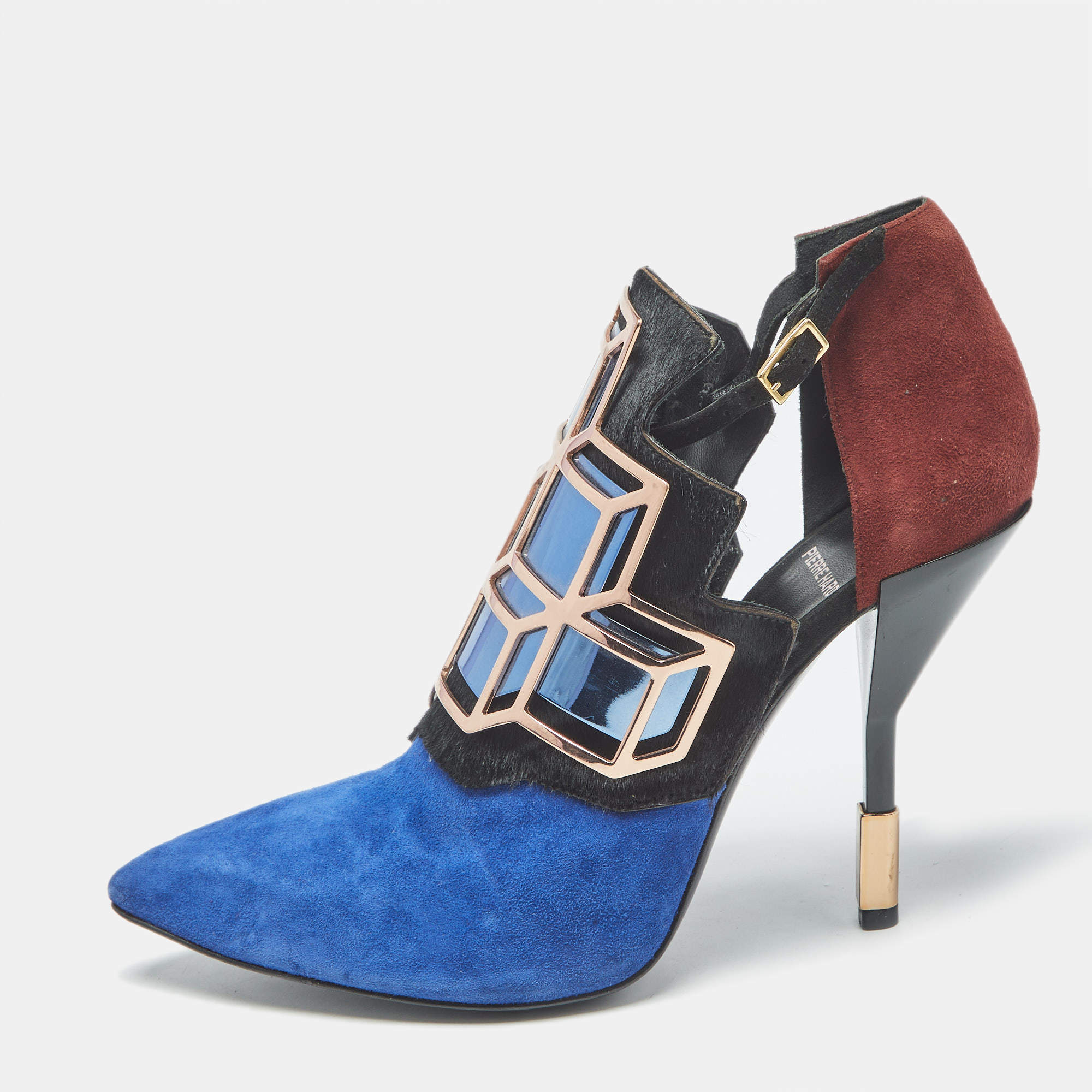 Pre Owned Pierre Hardy Tricolor Calfhair and Suede Rubix Cube Booties Size 38.5