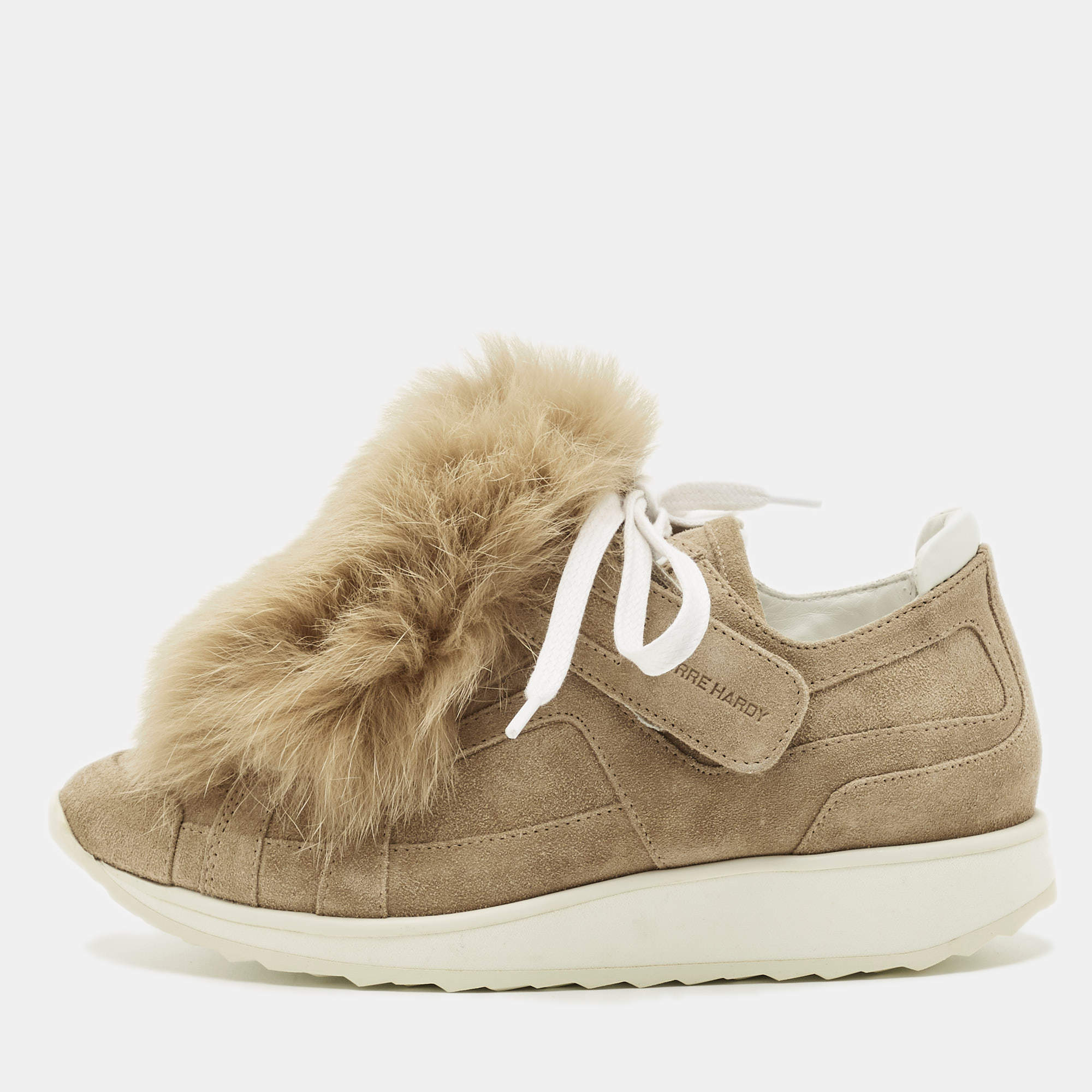 Pre Owned Pierre Hardy Brown Rabbit Fur and Suede Low Top Sneakers Size 37