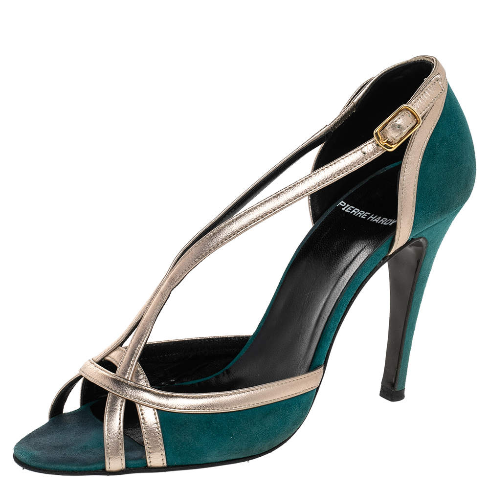 Pierre Hardy Green Suede And Gold Leather Peep Toe Sandals Size 38.5