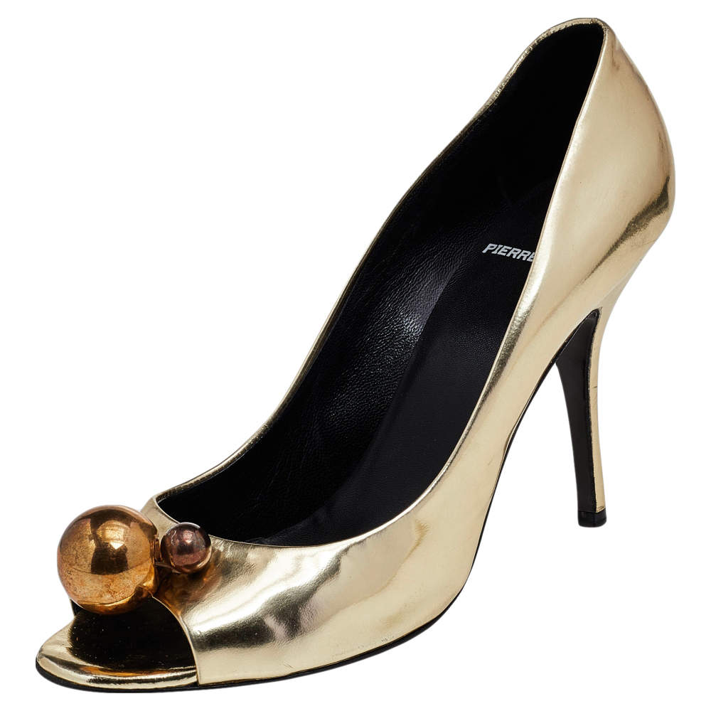 Pierre Hardy Metallic Gold Leather Embellished Peep Toe Pumps Size 39