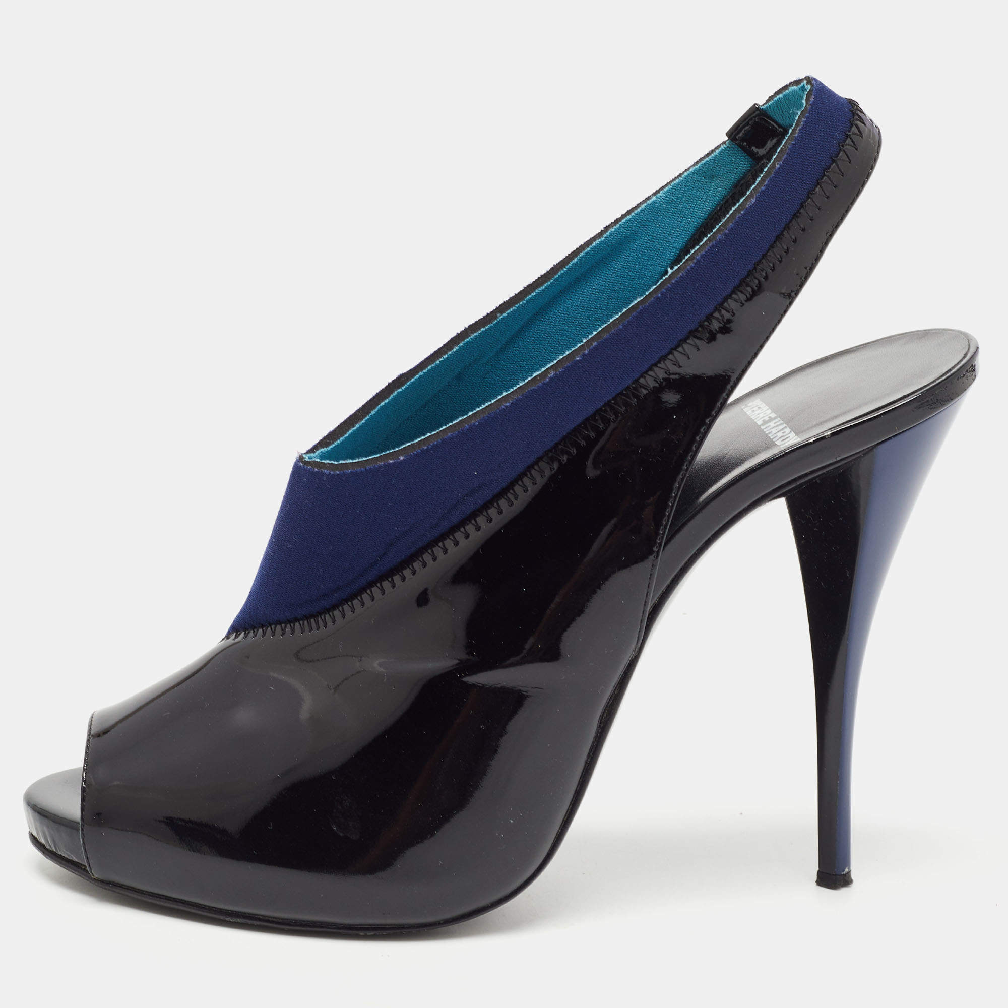 Piere Hardy Black/Blue Fabric and Patent Leather Slingback Pumps Size 41
