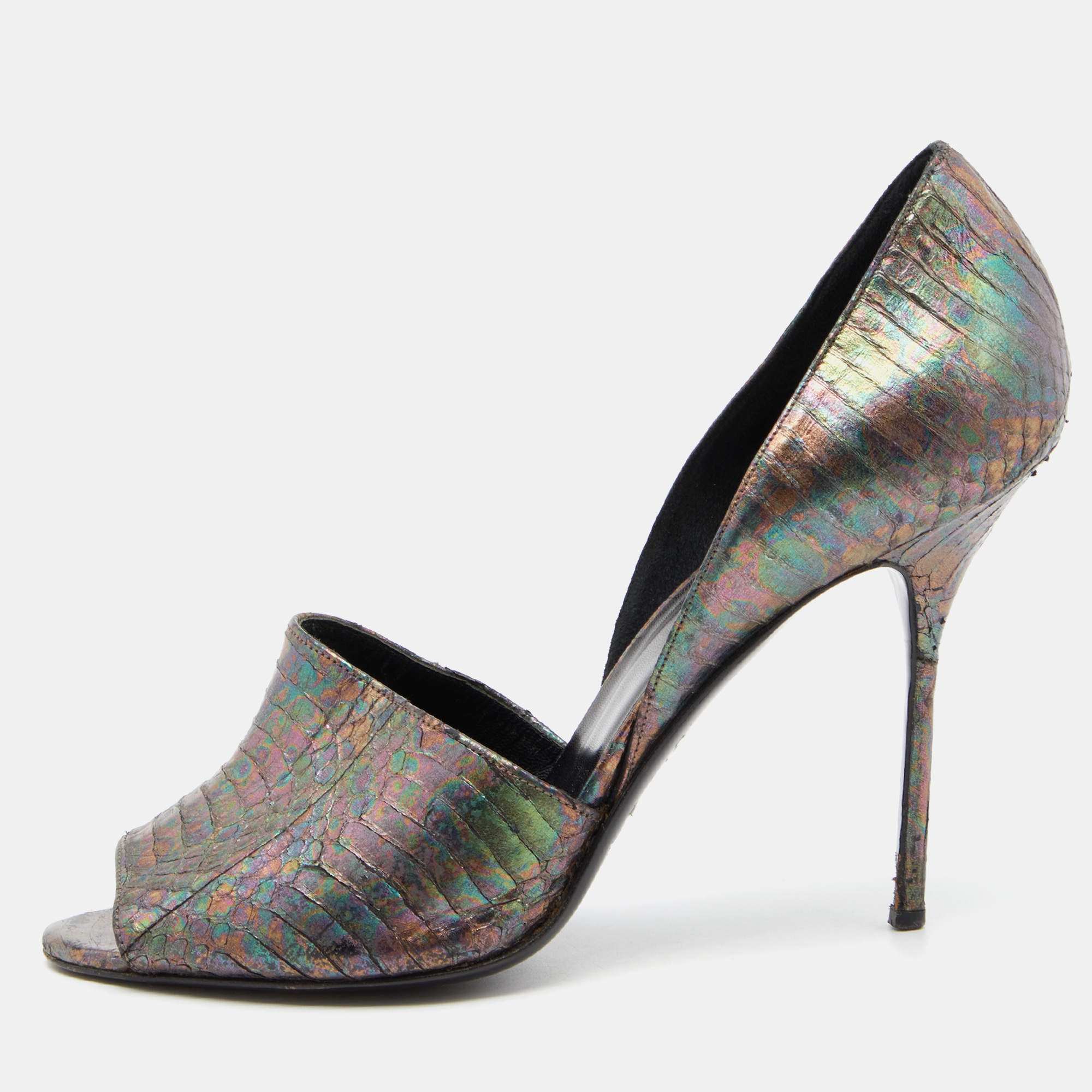 Pre Owned Pierre Hardy Multicolor Holographic Watersnake Leather Open Toe Pumps Size 39.5