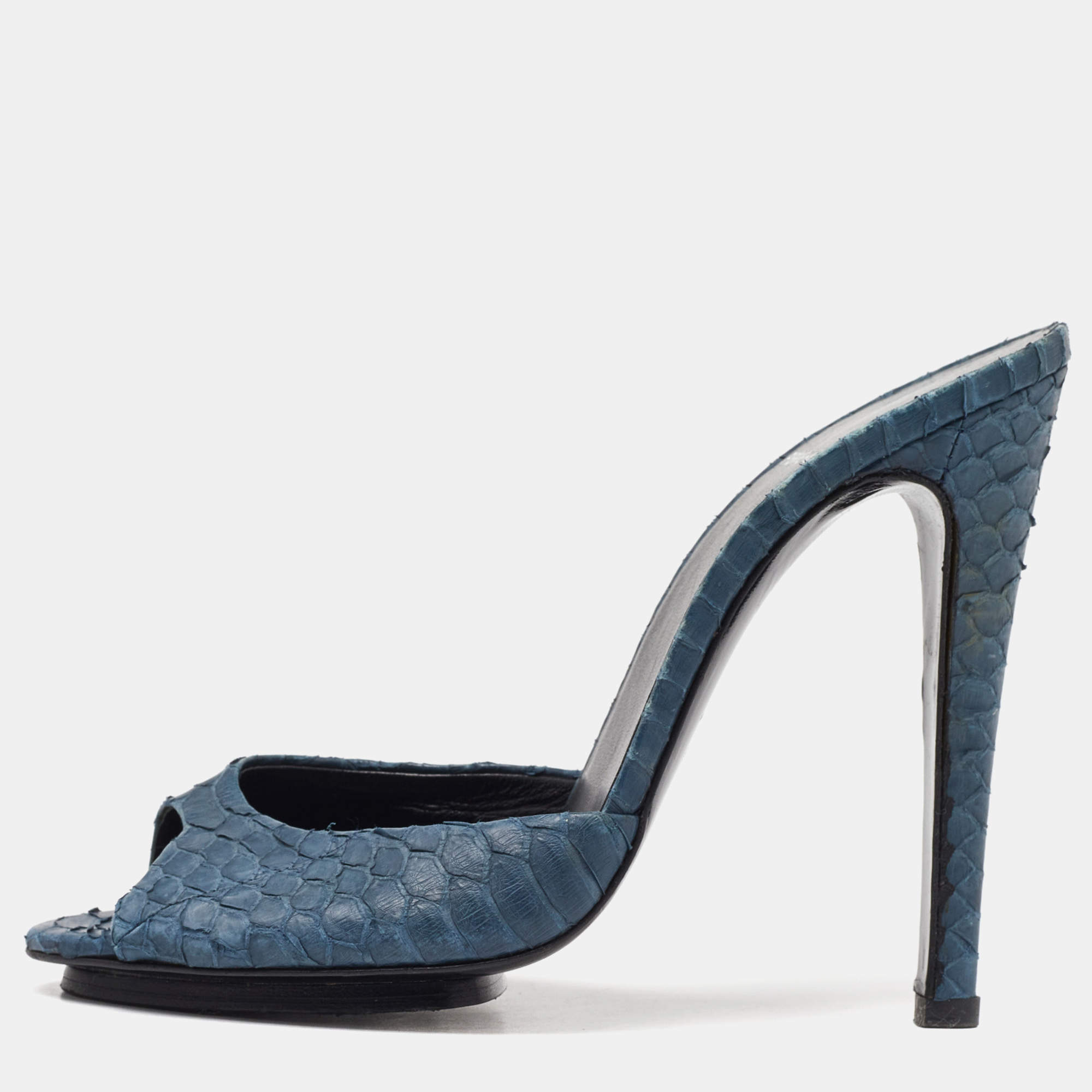Pierre Hardy Navy Blue Python Leather Open Toe Slide Sandals Size 38