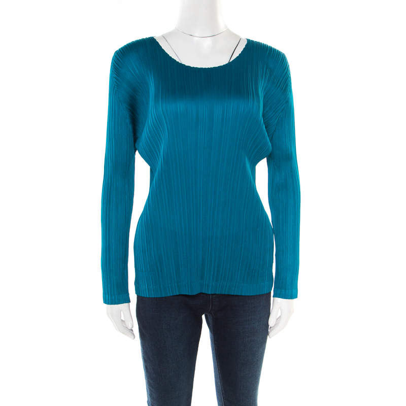 Pleats Please By Issey Miyake Emerald Green Micro Pleated Long Sleeve Top XS