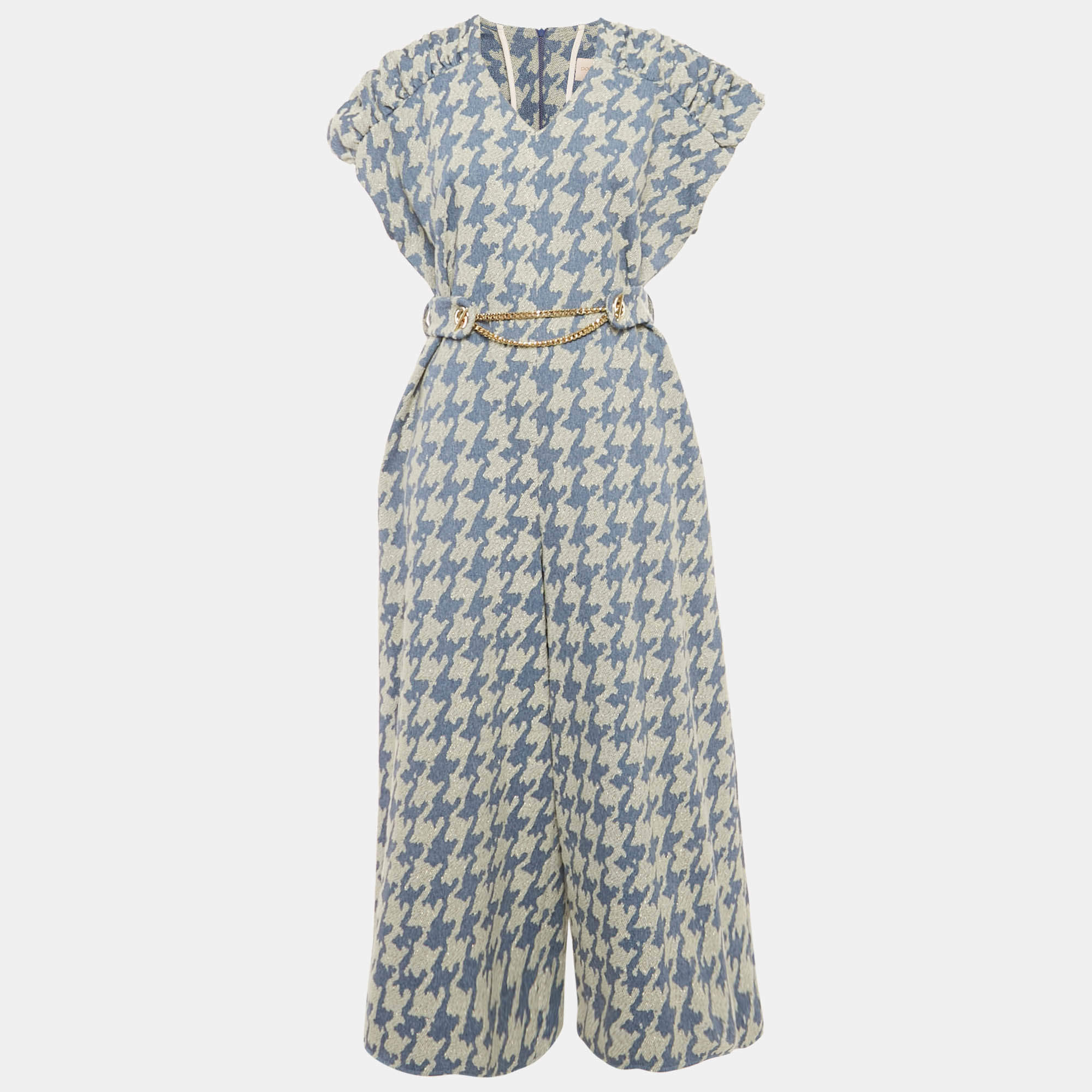 Pre Owned Poca & Poca Blue Houndstooth Belted Wide Leg Jumpsuit M