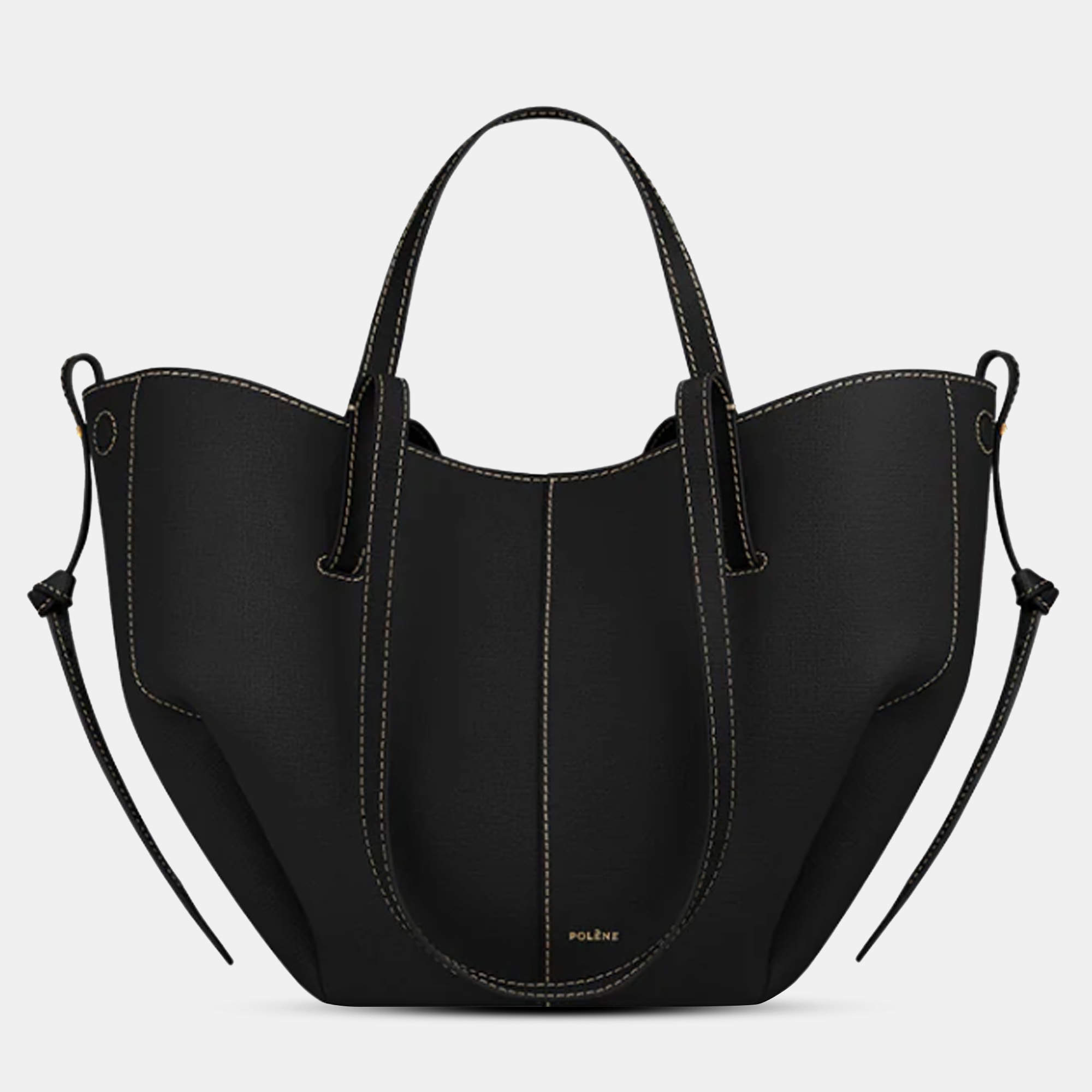 Pre Owned Polene Cyme Mini Grained Black Edition with Ecru Stitching Calfskin Leather Shoulder Bag