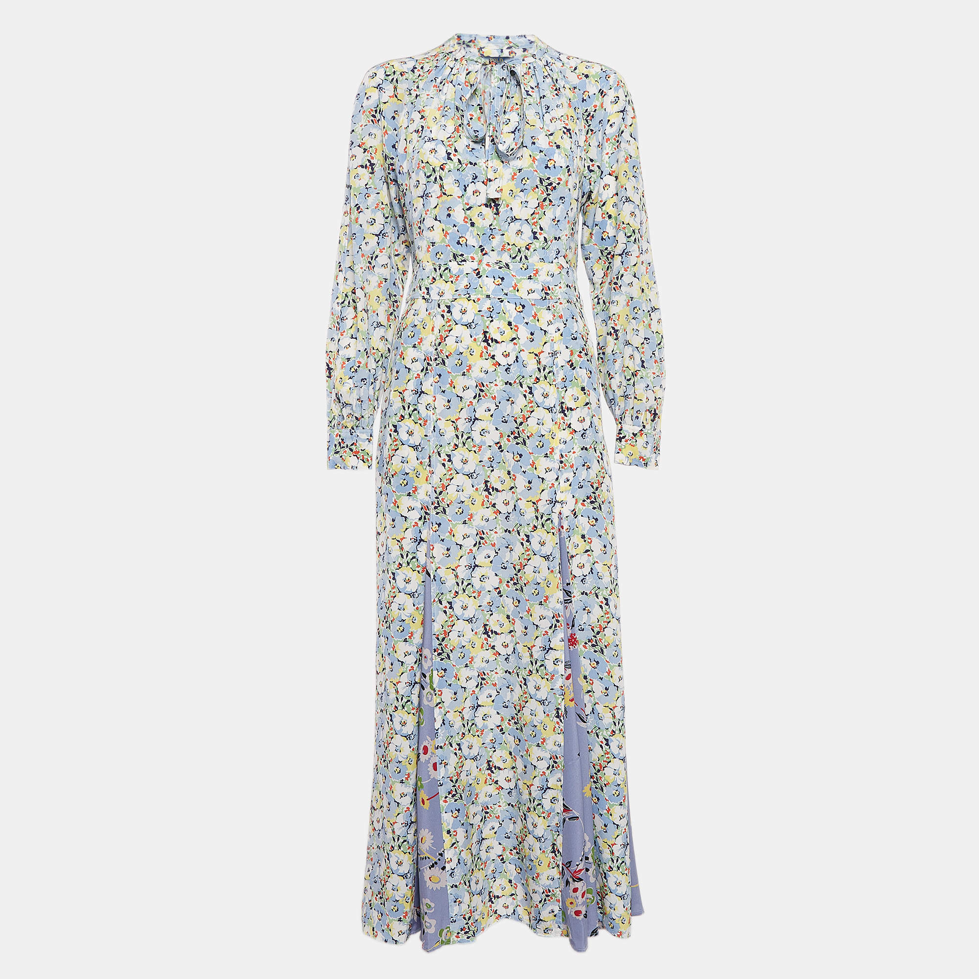 Pre Owned Polo Ralph Lauren Blue Floral Printed Silk Maxi Dress S