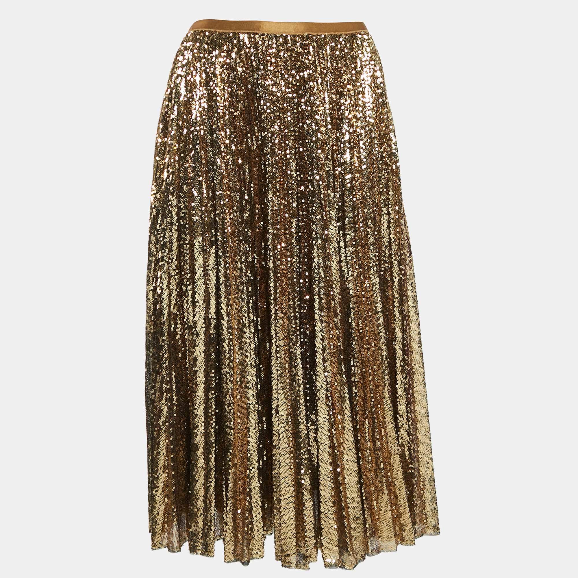 Pre Owned Polo Ralph Lauren Gold Sequin Plisse Midi Skirt S