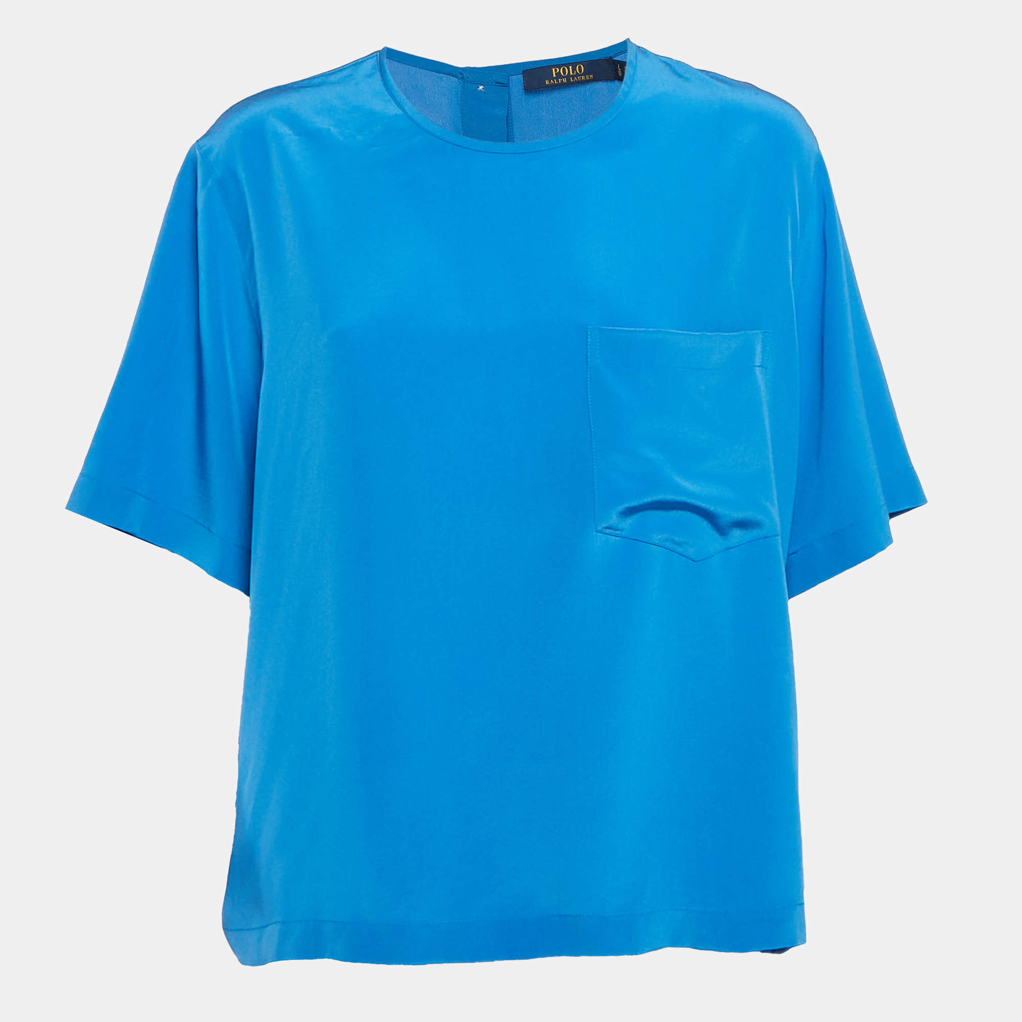 Pre Owned Polo Ralph Lauren Blue Silk Short Sleeve Blouse L