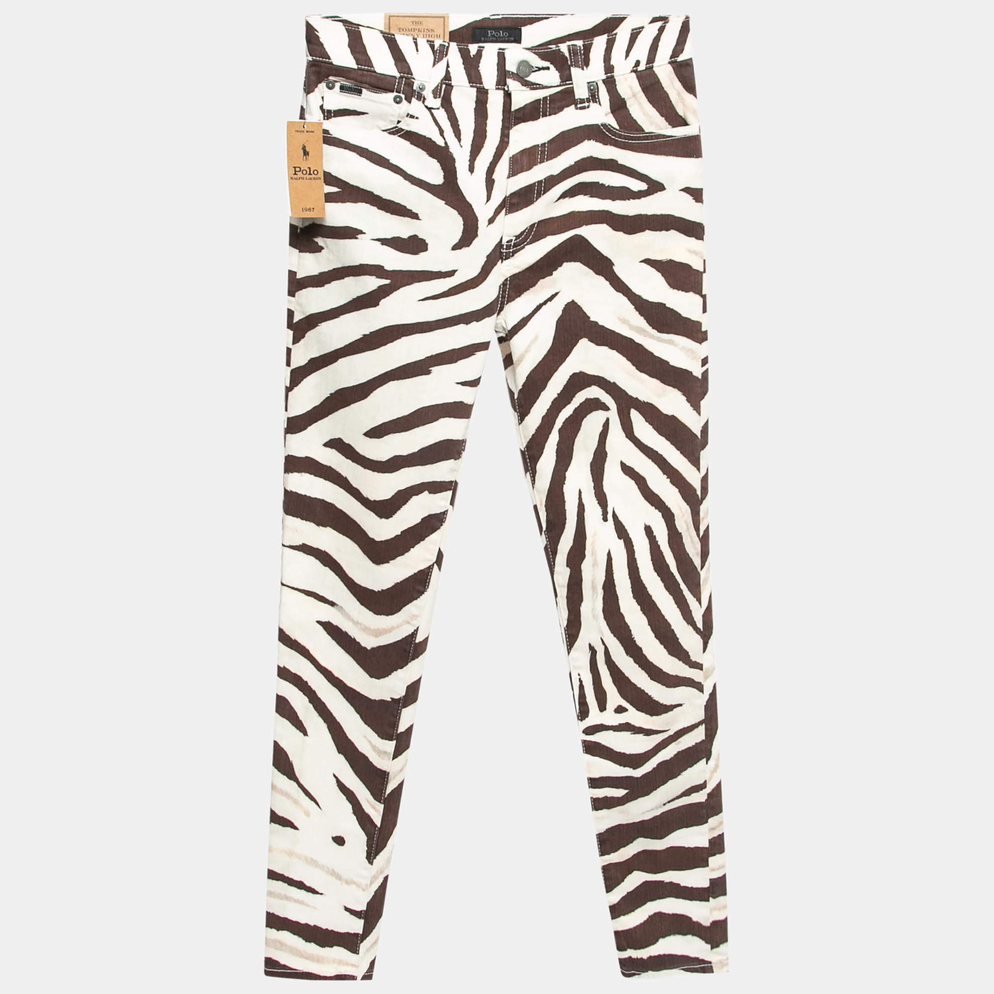 Pre Owned Polo Ralph Lauren Beige Zebra Print Denim Ankle Length Jeans M Waist 28"