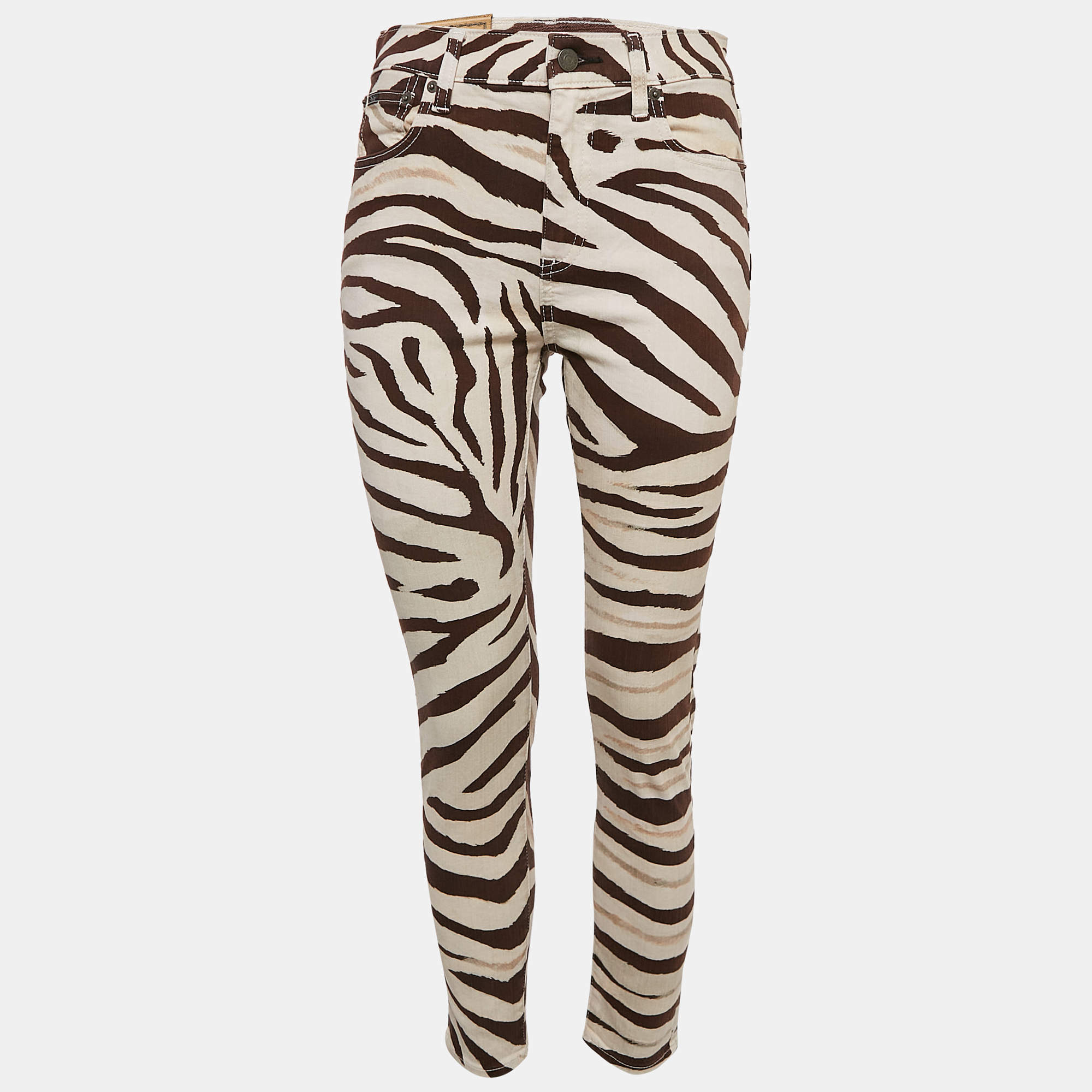 Pre Owned Polo Ralph Lauren Brown Zebra Print Denim Tompkins Skinny Jeans M Waist 27"