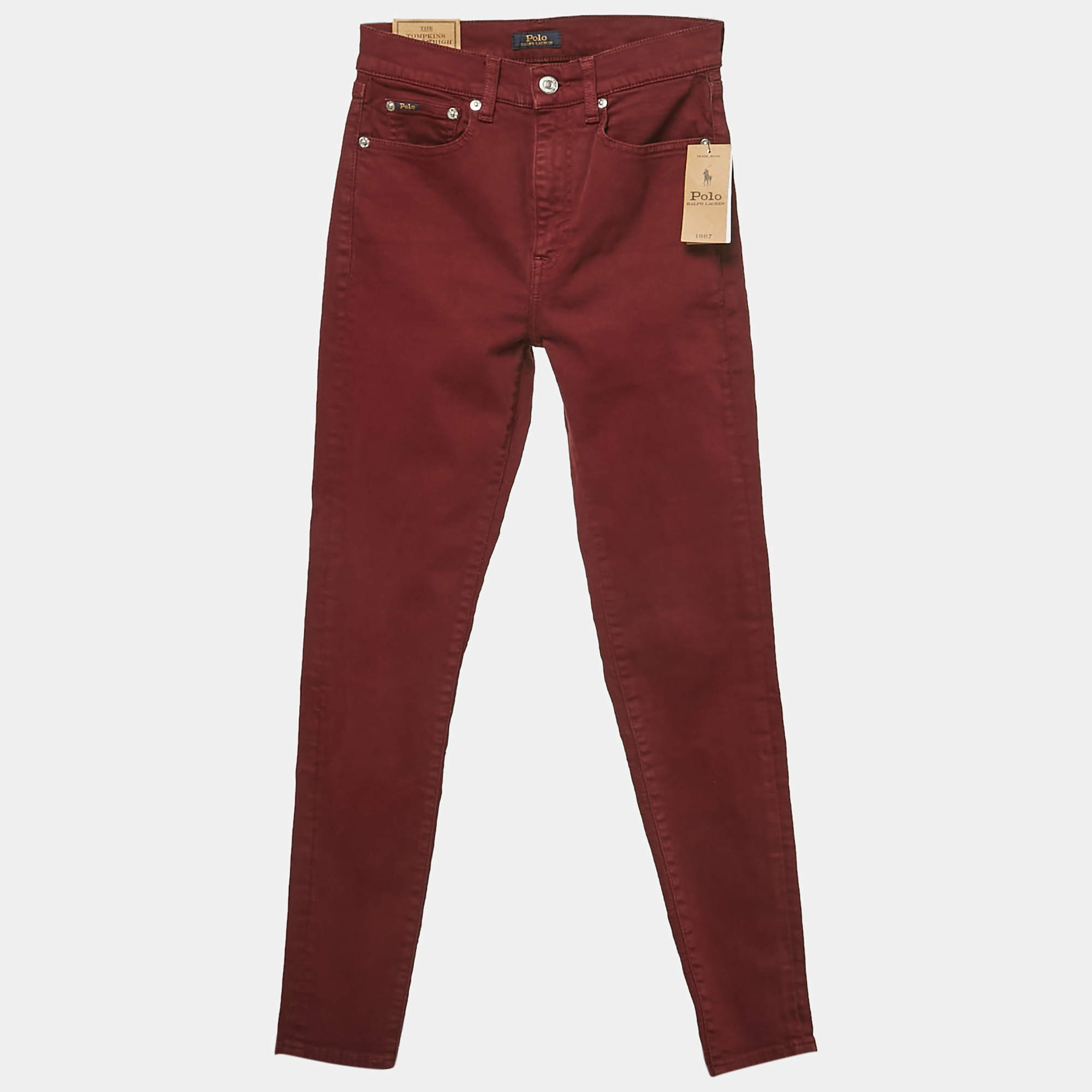 Pre Owned Polo Ralph Lauren Burgundy Cotton Tompkins Skinny High Rise Jeans S Waist 26"