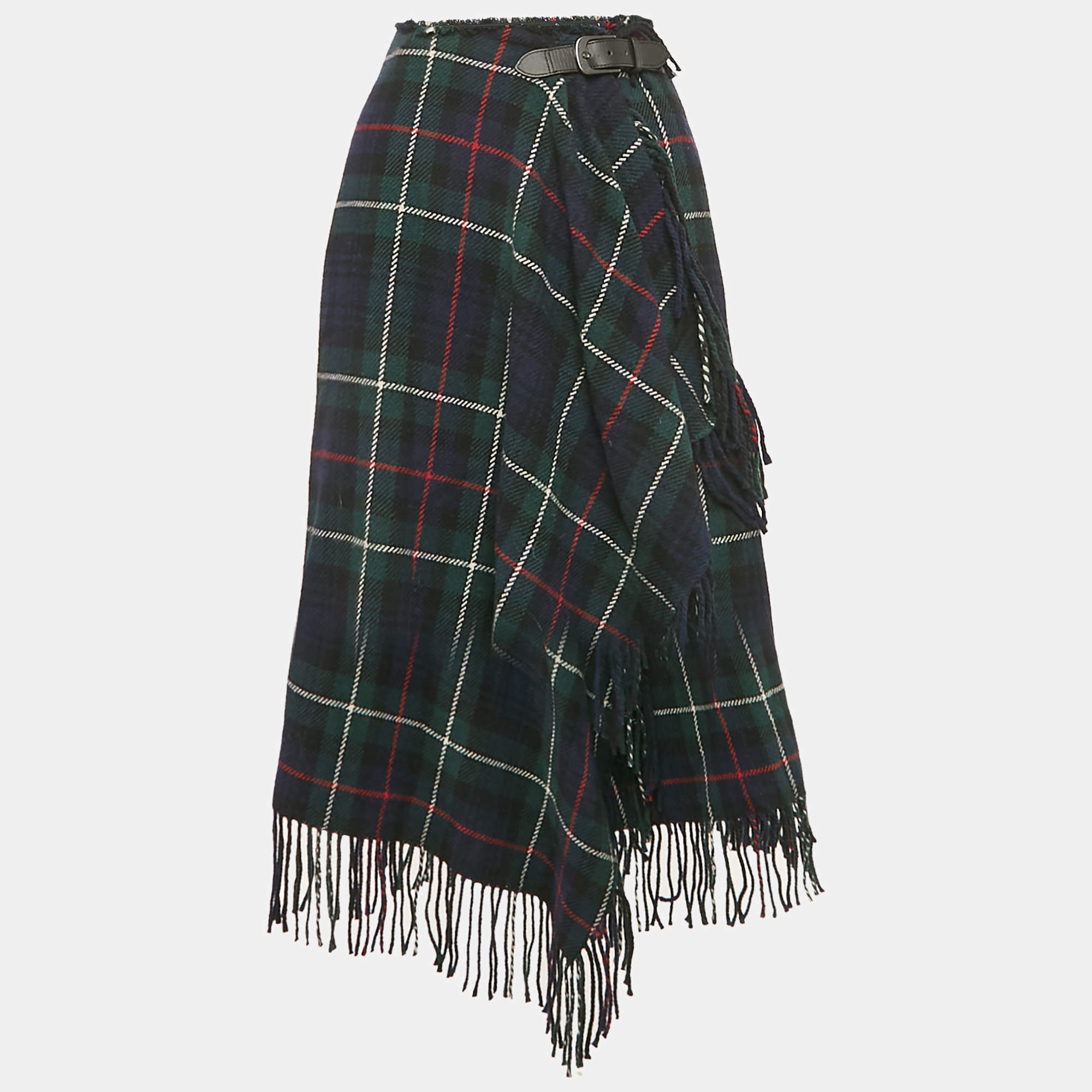 مملوكة مسبقًا تنورة تغليف بولو رالف لورين قماش صوف مربعات مخططة منقطة باللون الأخضر بمقاس متوسط - ميديم