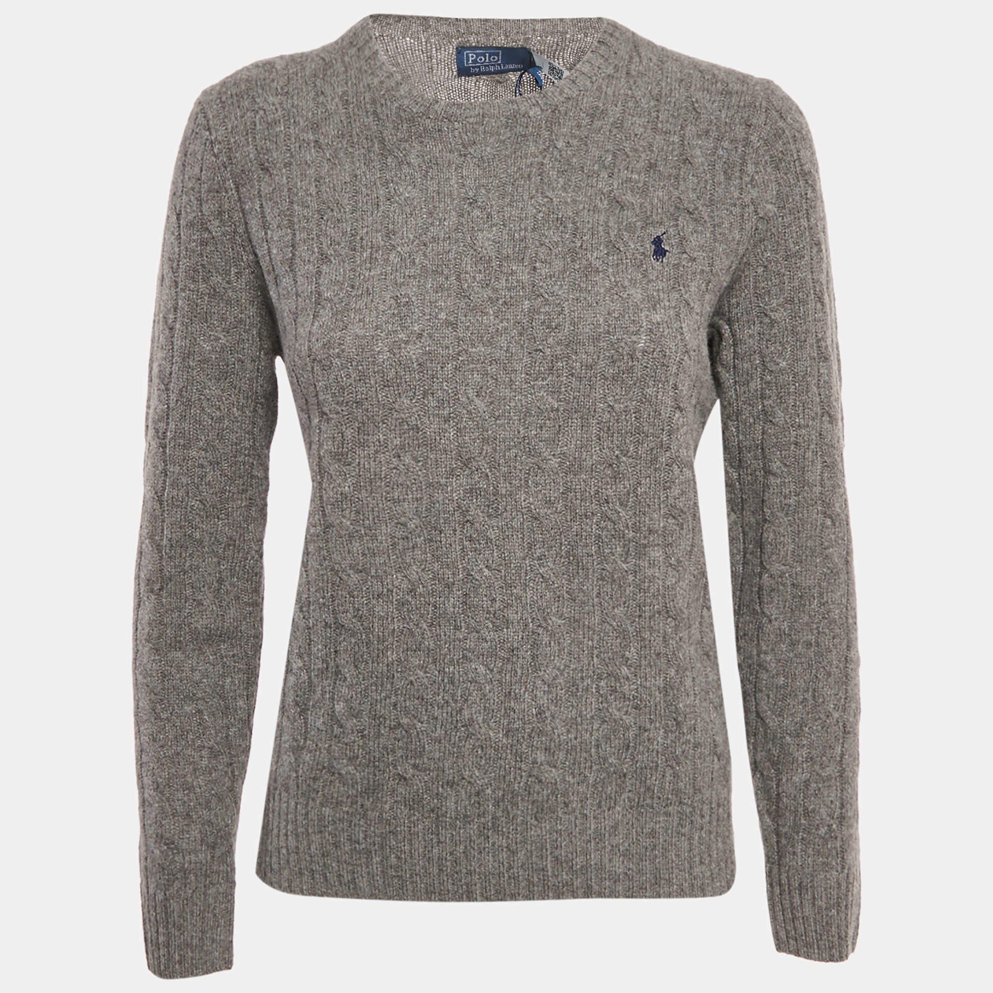مملوكة مسبقًا Polo Ralph Lauren Grey Cable Knit Wool Classic Sweater L