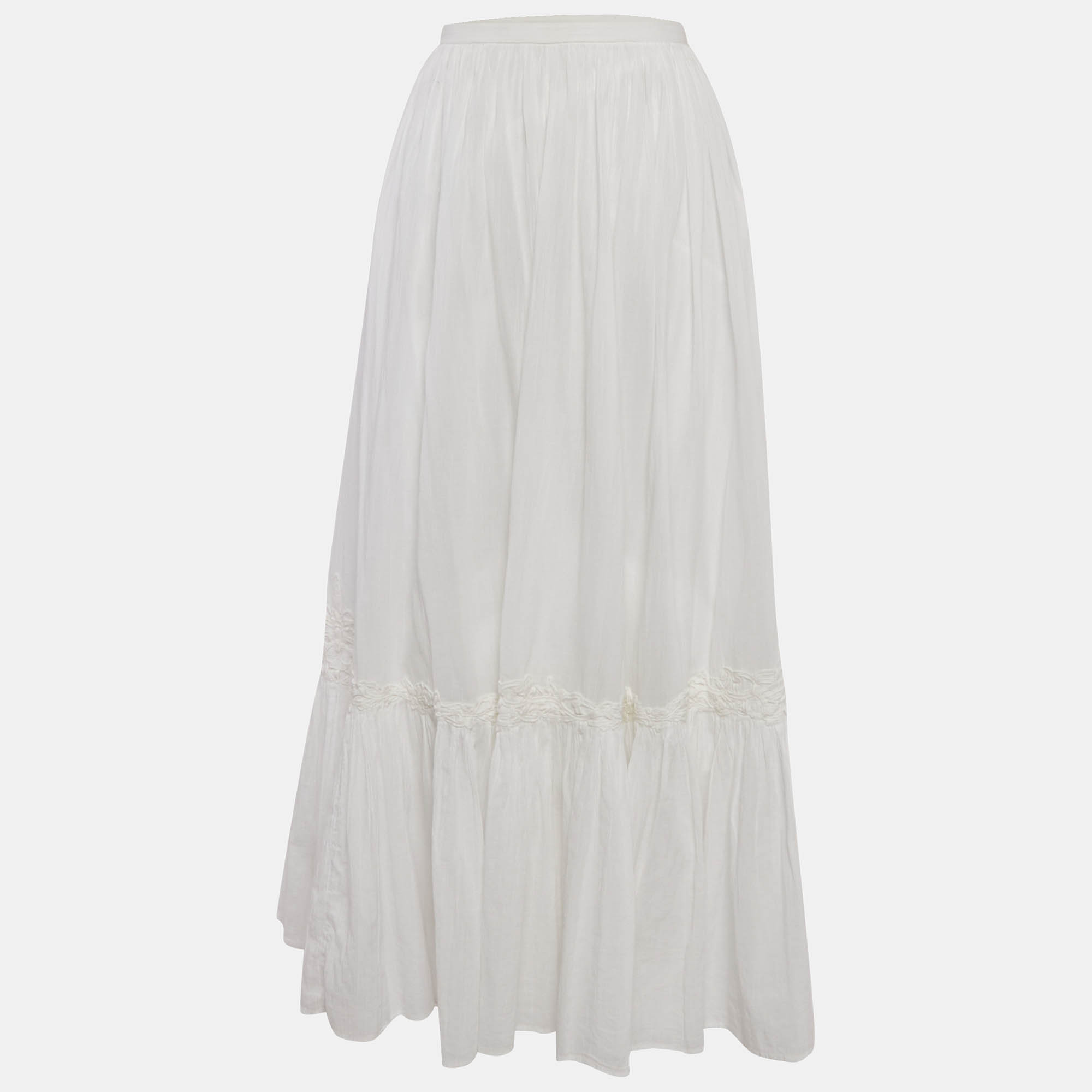 Pre Owned تنورة ميدي بولو رالف لورين قطن أبيض مع حواف من الدانتيل مقاس كبير (لارج)