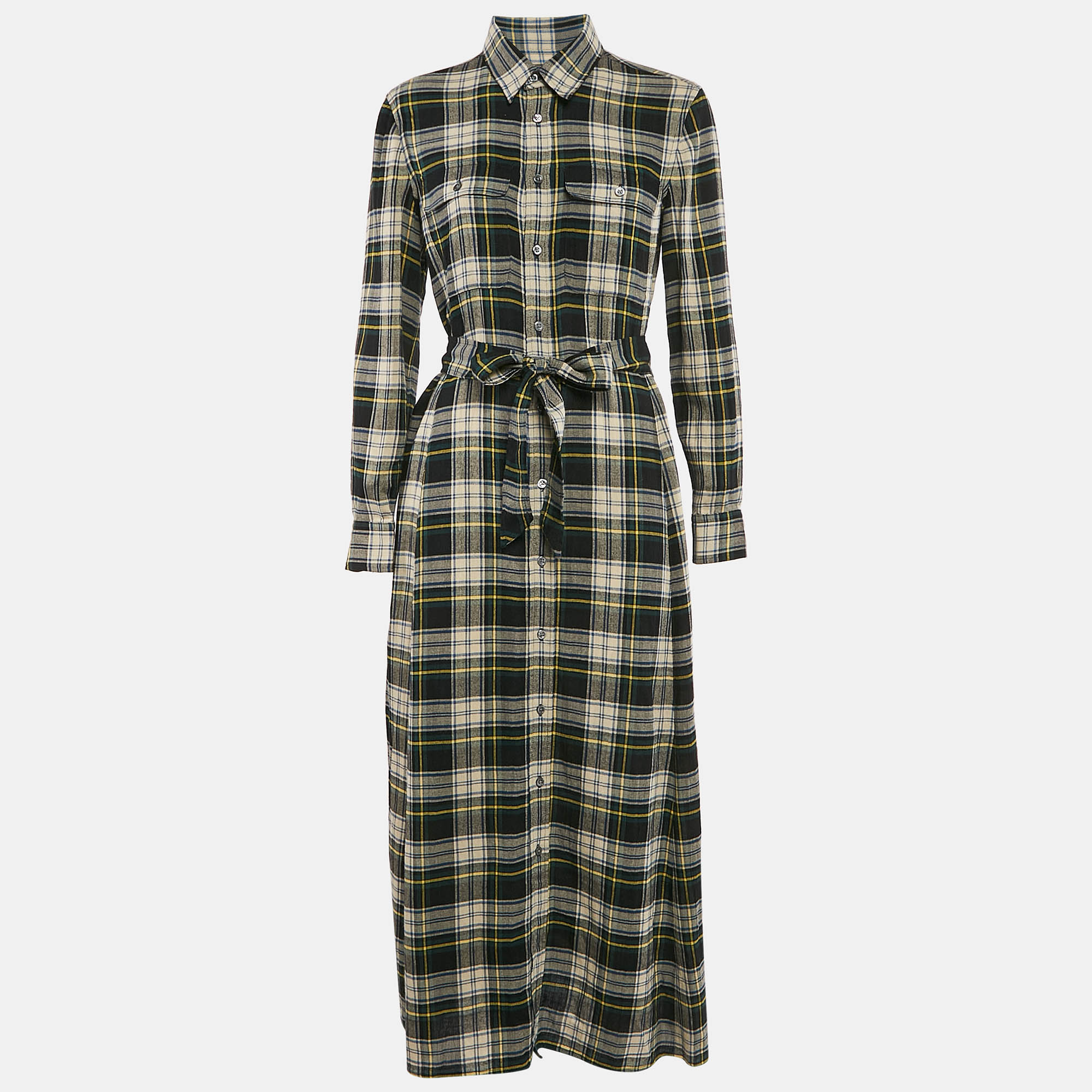 Pre Owned Polo Ralph Lauren Green Checks Cotton Midi Shirt Dress M