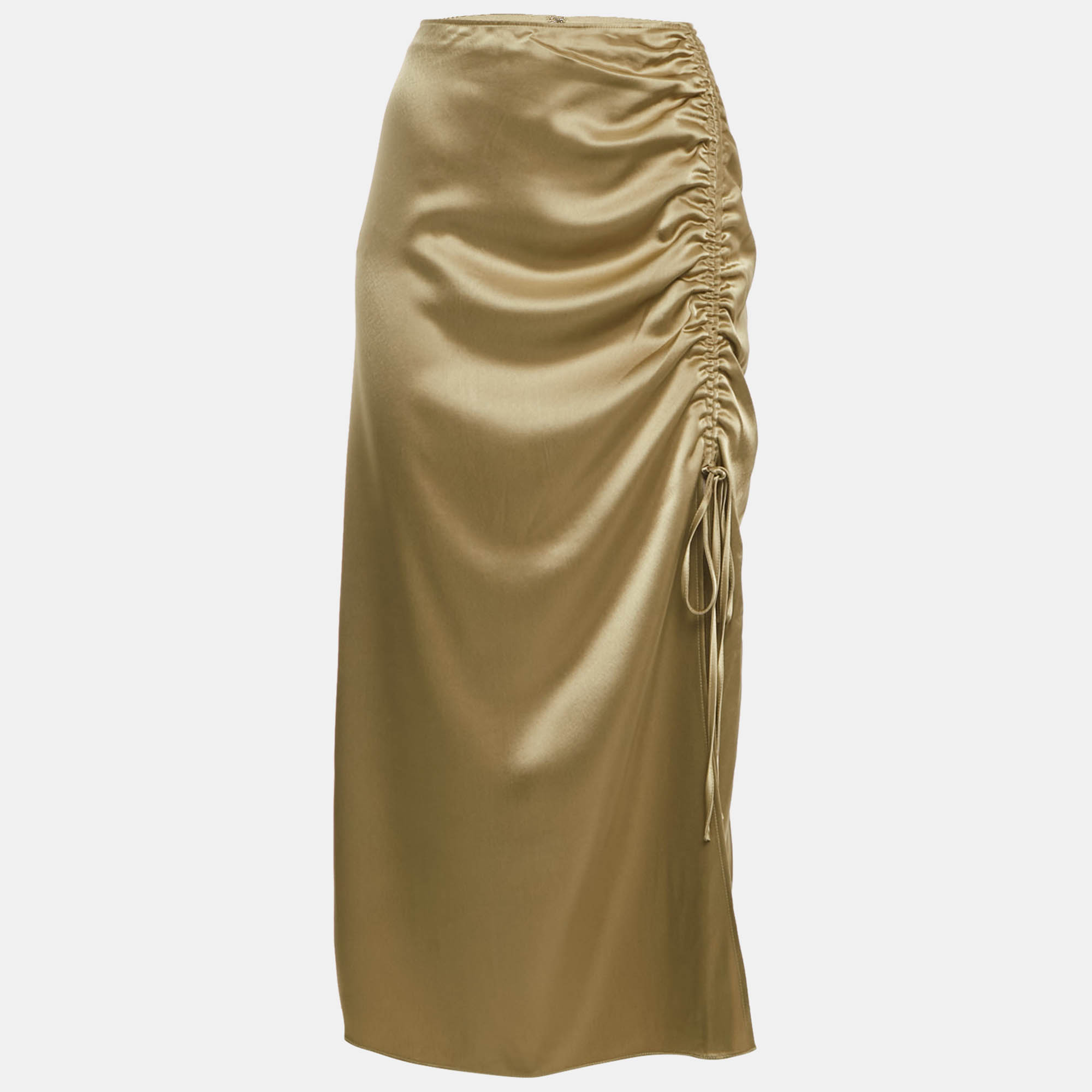 Pre Owned Polo Ralph Lauren Brown Satin Ruched Midi Skirt M