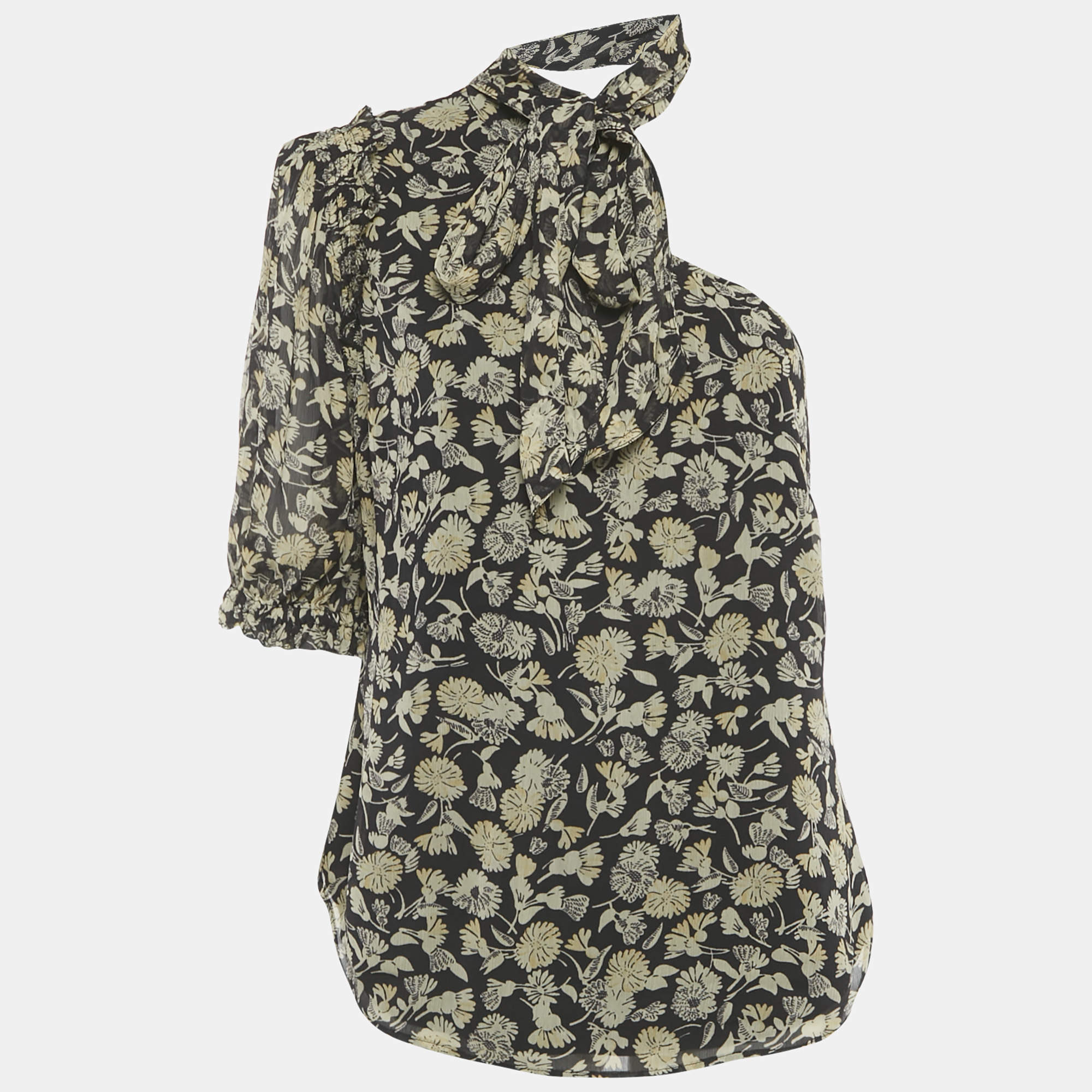 Pre Owned Polo Ralph Lauren Black Floral Print Chiffon One-Shoulder Top S