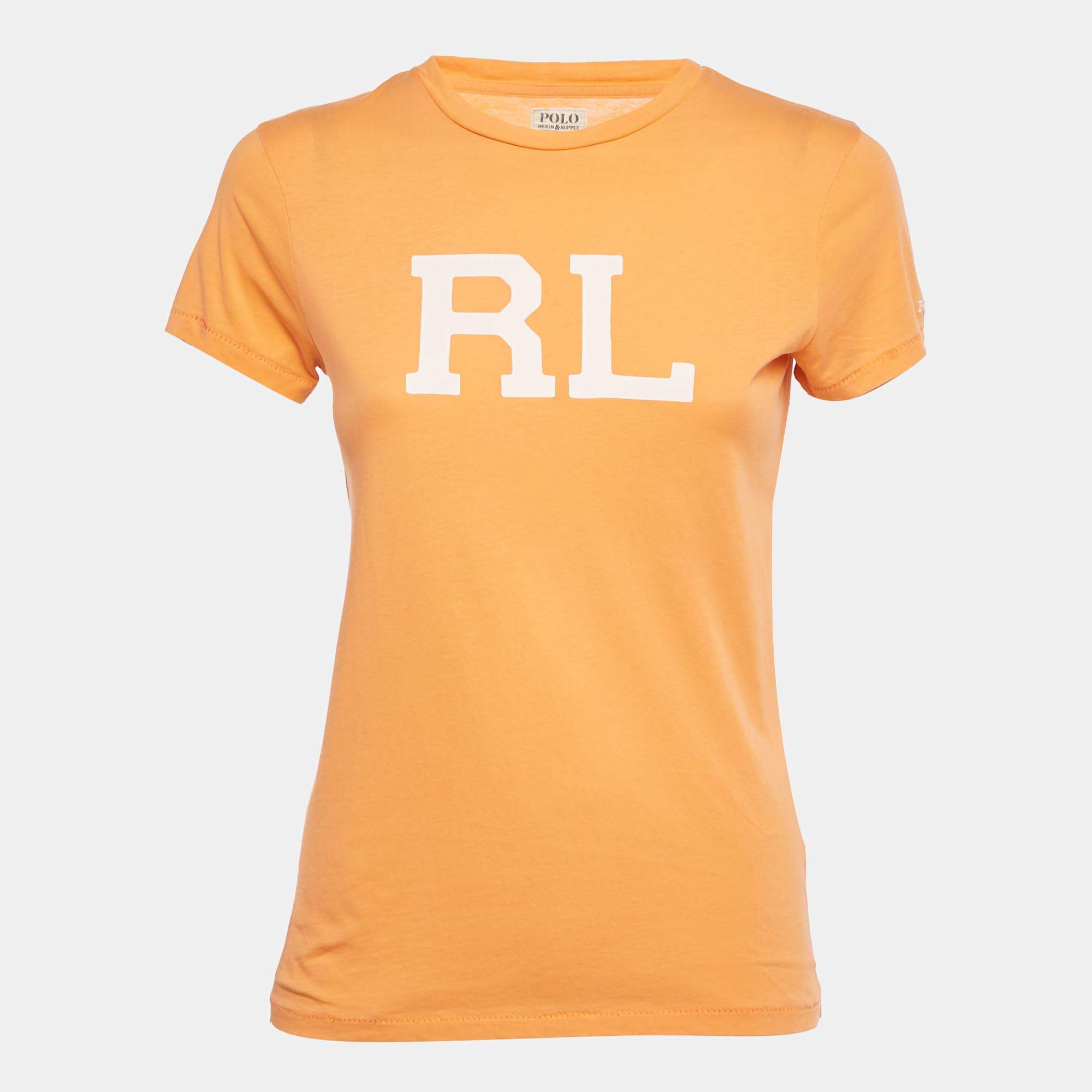 Pre Owned Polo Ralph Lauren Orange Logo Print Jersey T-Shirt XS