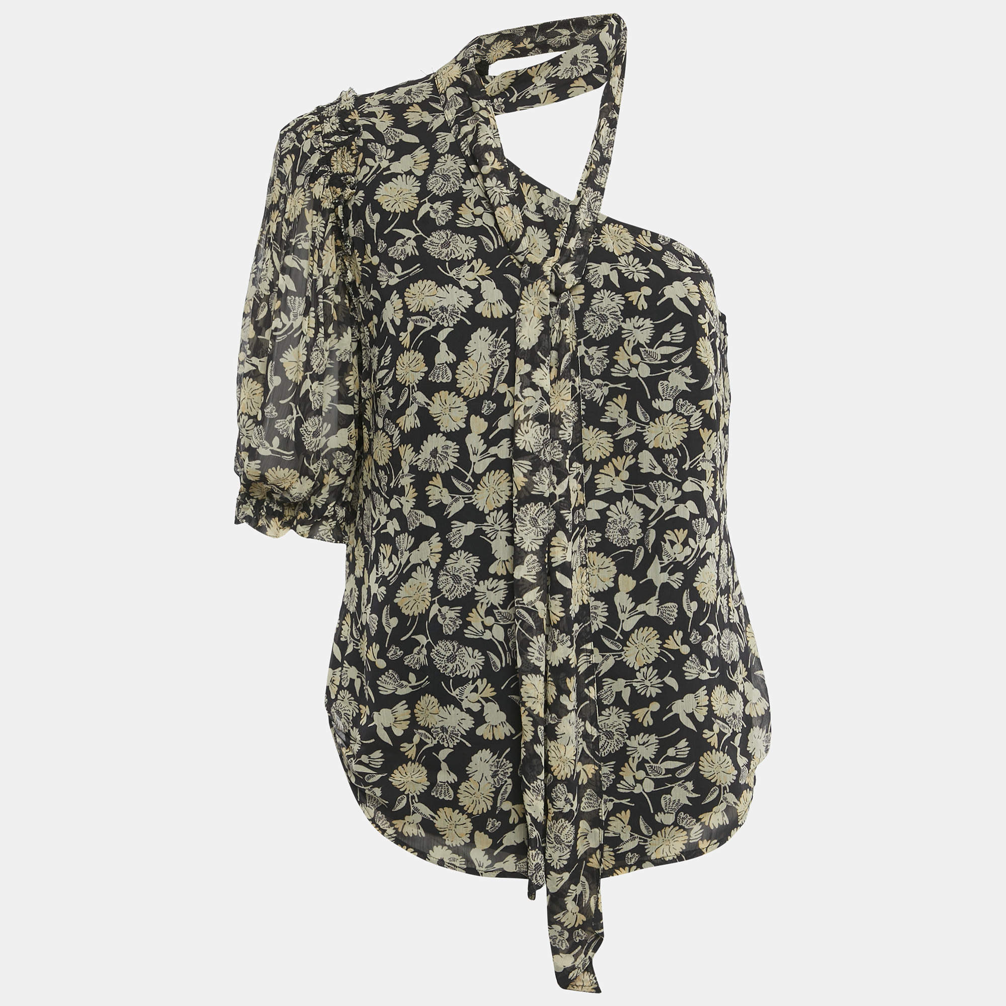 Pre Owned Polo Ralph Lauren Black Floral Print Chiffon One-Shoulder Top M