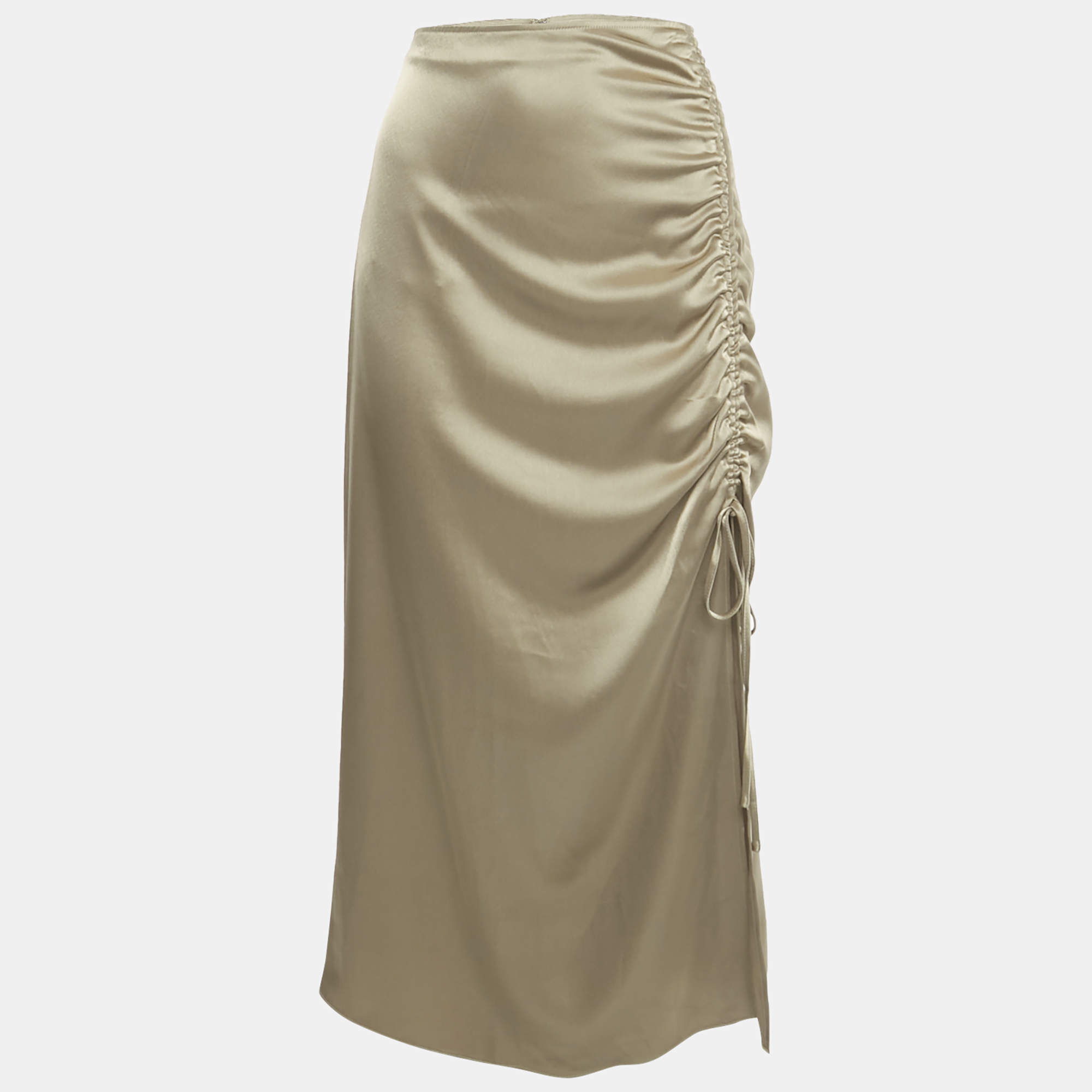 Pre Owned Polo Ralph Lauren Brown Satin Ruched Midi Skirt M