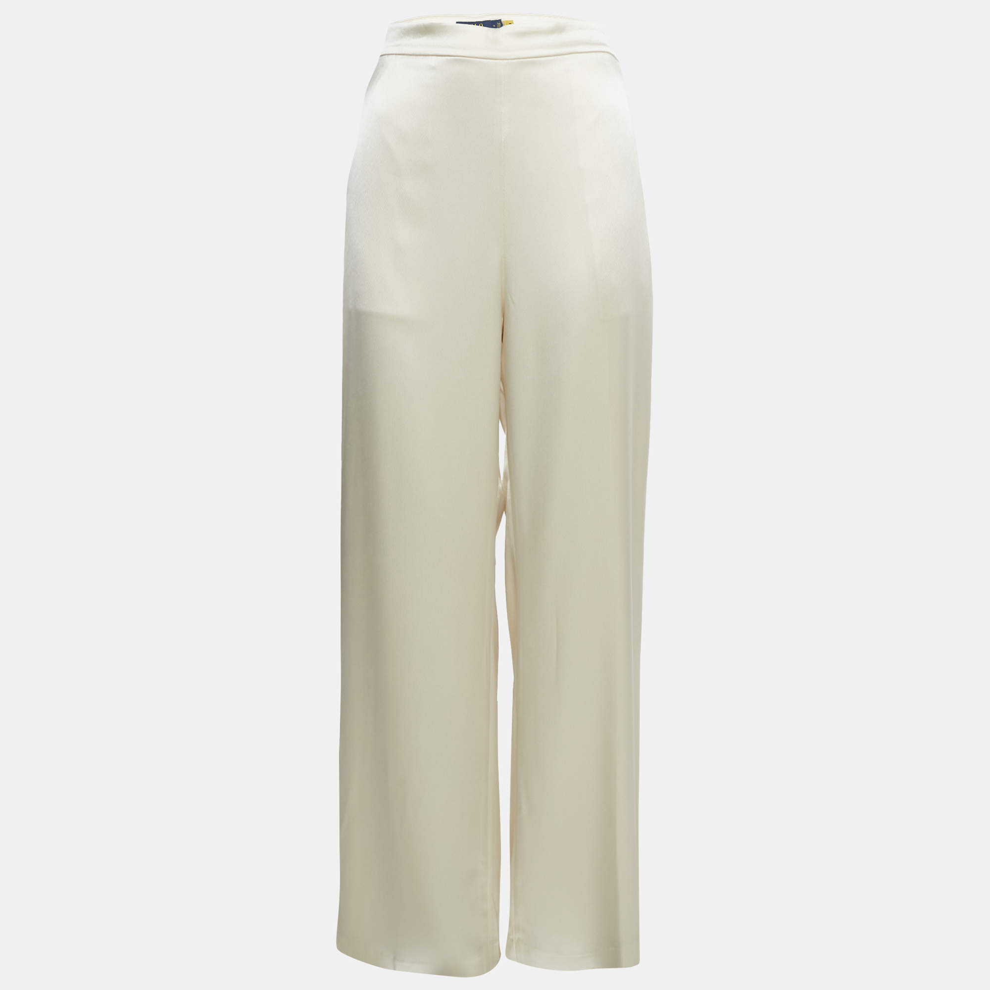Pre Owned Polo Ralph Lauren Cream Satin Wide-Leg Trousers L