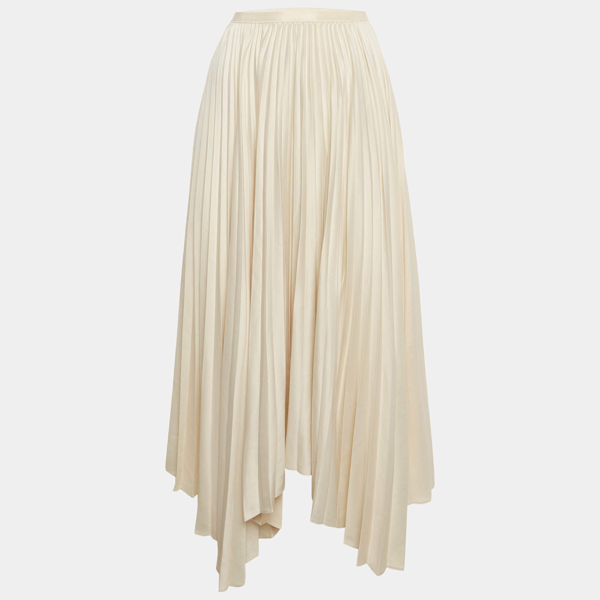 Pre Owned Polo Ralph Lauren Beige Satin Plisse Asymmetric Midi Skirt L