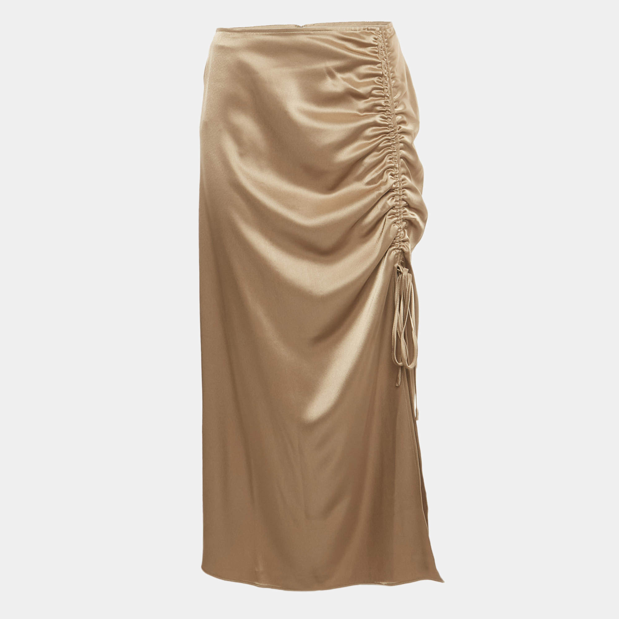Pre Owned Polo Ralph Lauren Brown Satin Ruched Midi Skirt L
