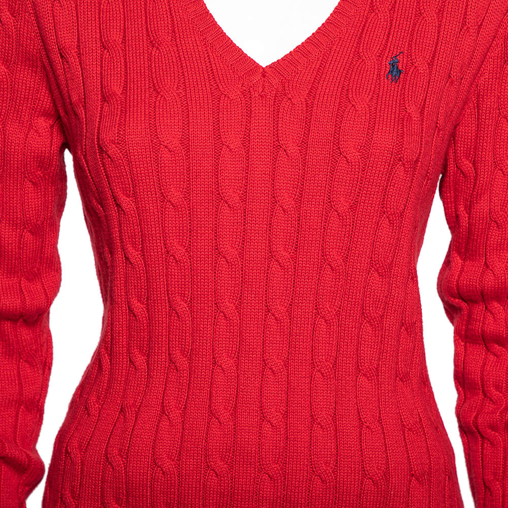 Polo Ralph Lauren Red Cotton Knit Kimberly V-Neck Sweater L Polo