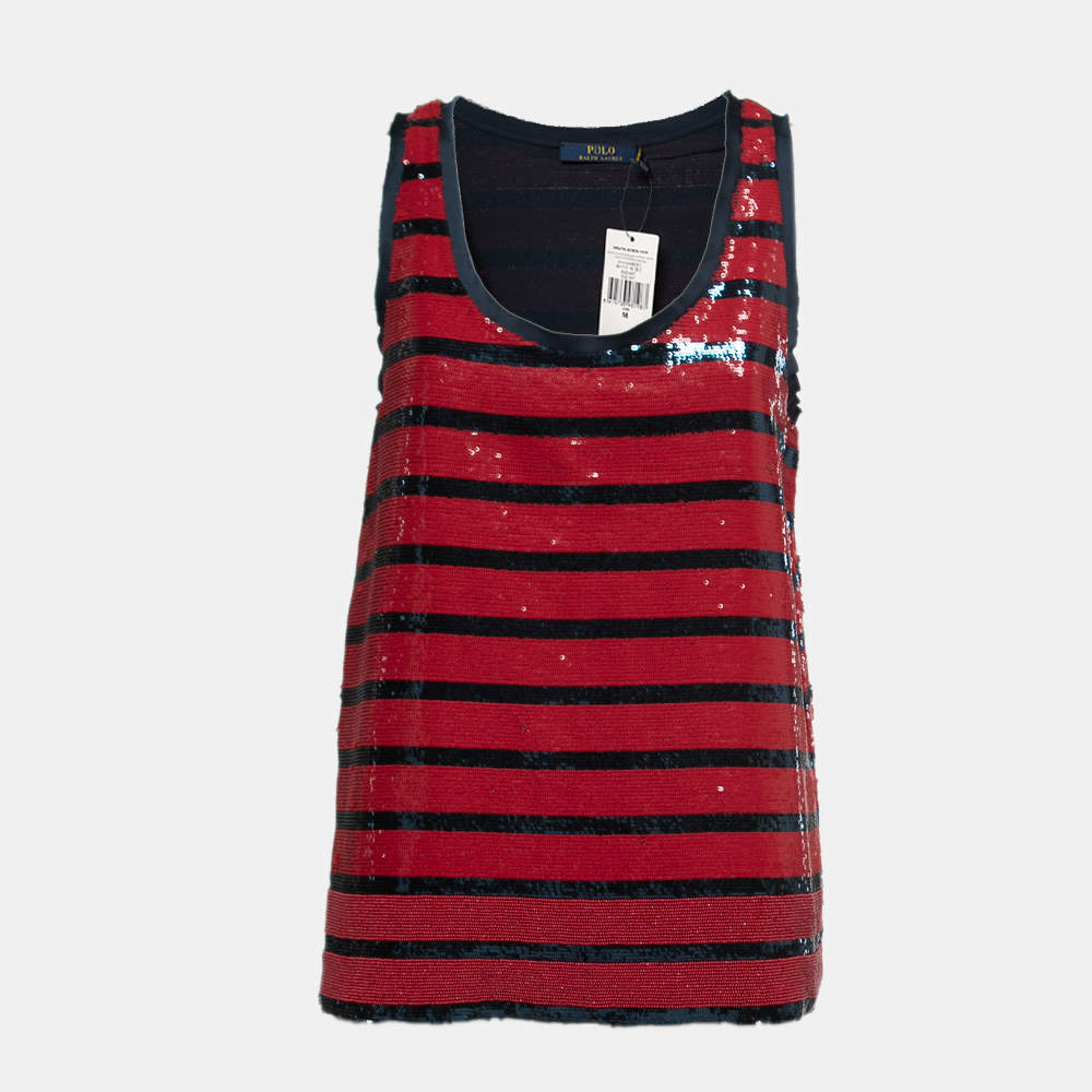 Pre Owned Polo Ralph Lauren Red & Blue Striped Sequined Tank Top M