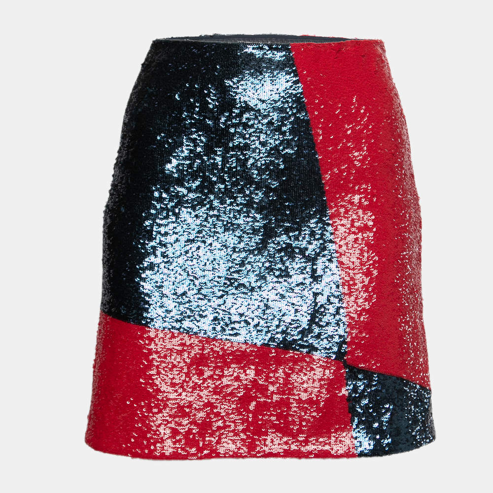 Pre Owned Polo Ralph Lauren Blue & Red Colorblock Sequined Mini Skirt M
