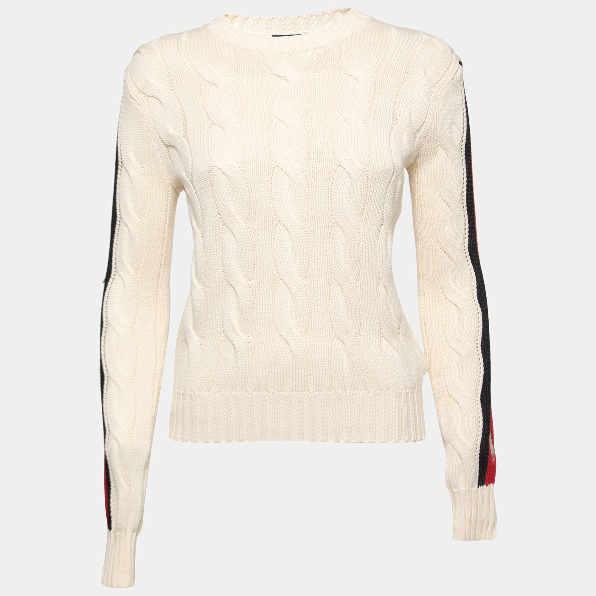 Pre Owned Polo Ralph Lauren Cream Striped Cable Knit Sweater S