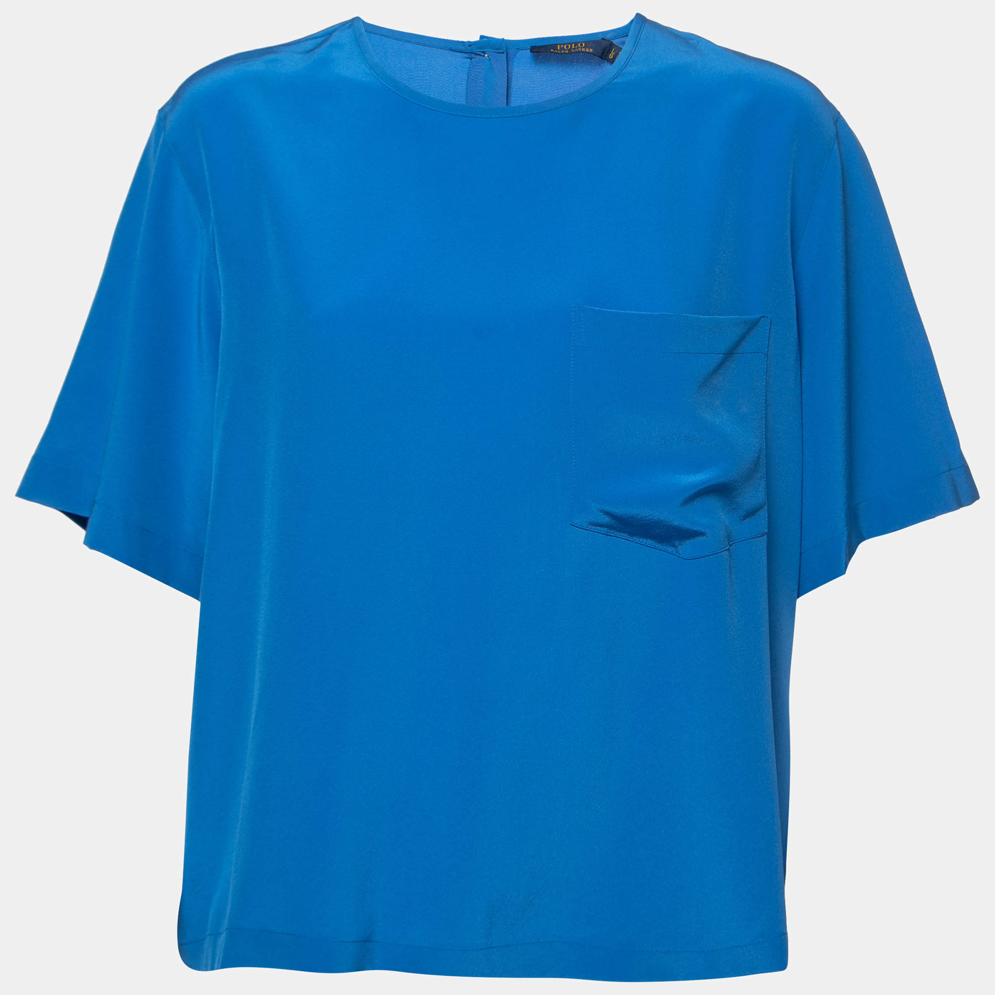 Pre Owned Polo Ralph Lauren Royal Blue Silk Short Sleeve Blouse L