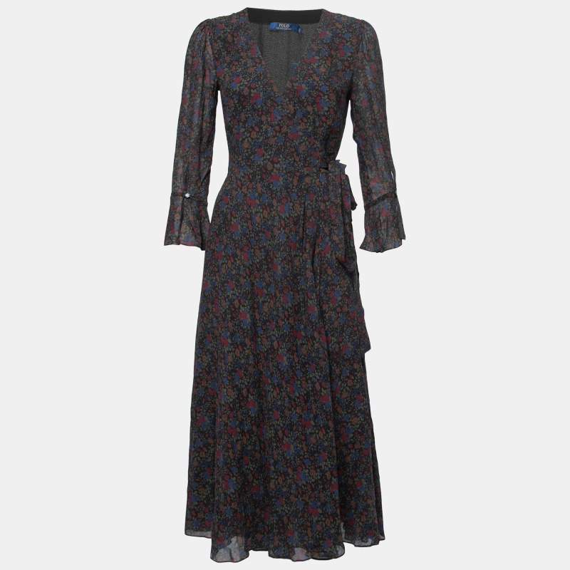 Pre Owned Polo Ralph Lauren Black Floral Printed Crepe Wrap Maxi Dress S