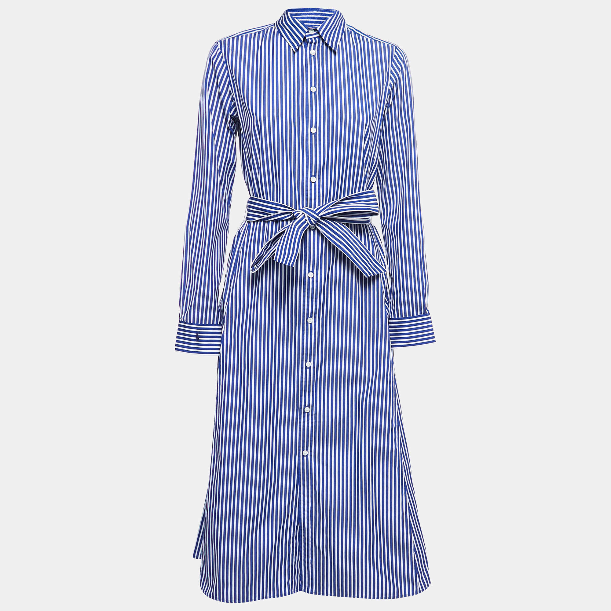 Pre Owned Polo Ralph Lauren Blue Striped Cotton Poplin Belted Shirt Dress M