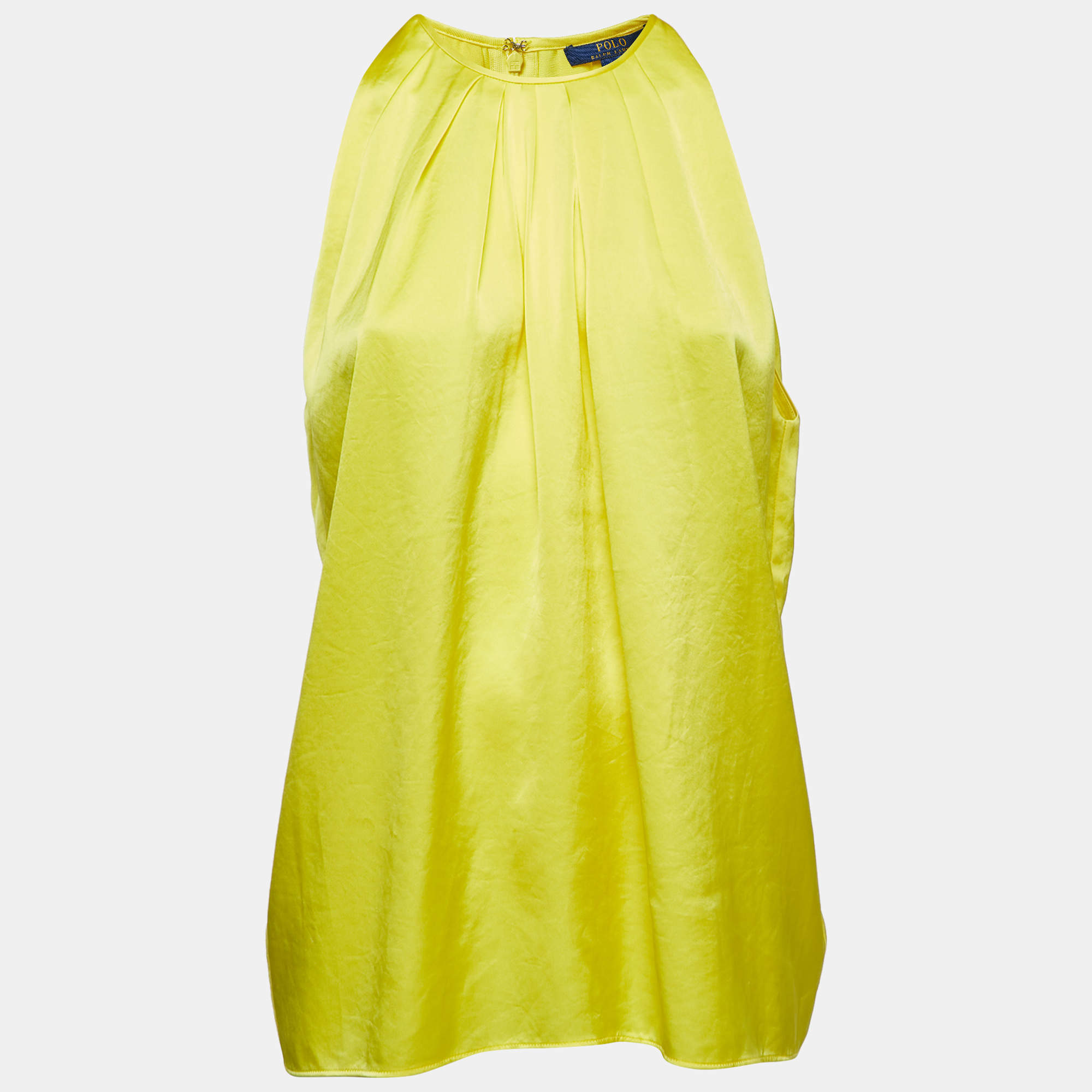 مملوكة مسبقًا Polo Ralph Lauren Yellow Satin Pleated Sleeveless Top L