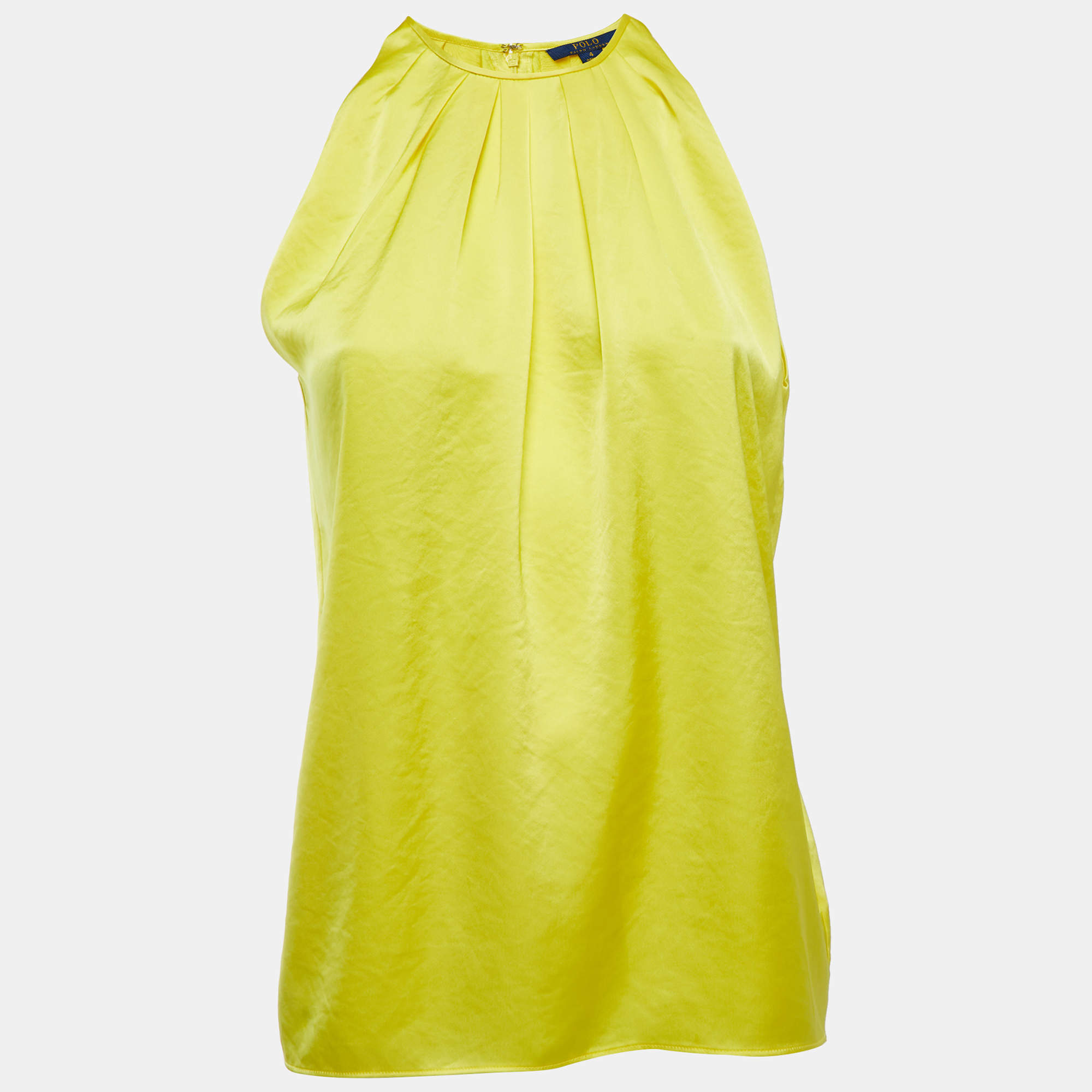 Pre Owned Polo Ralph Lauren Yellow Satin Pleated Back Slit Detailed Sleeveless Top S