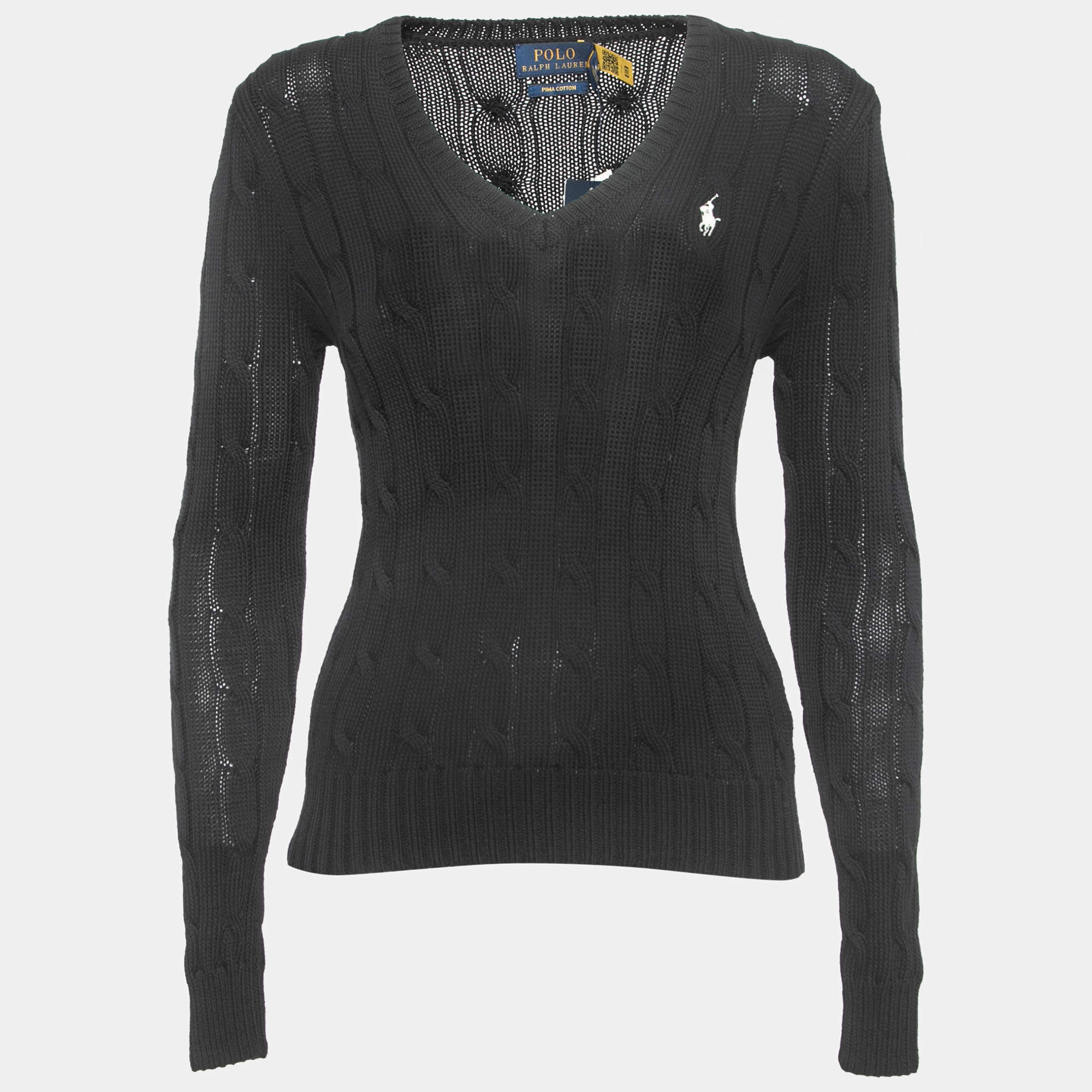 Pre Owned Polo Ralph Lauren Black Logo Embroidered Cable Knit V-Neck Sweater S