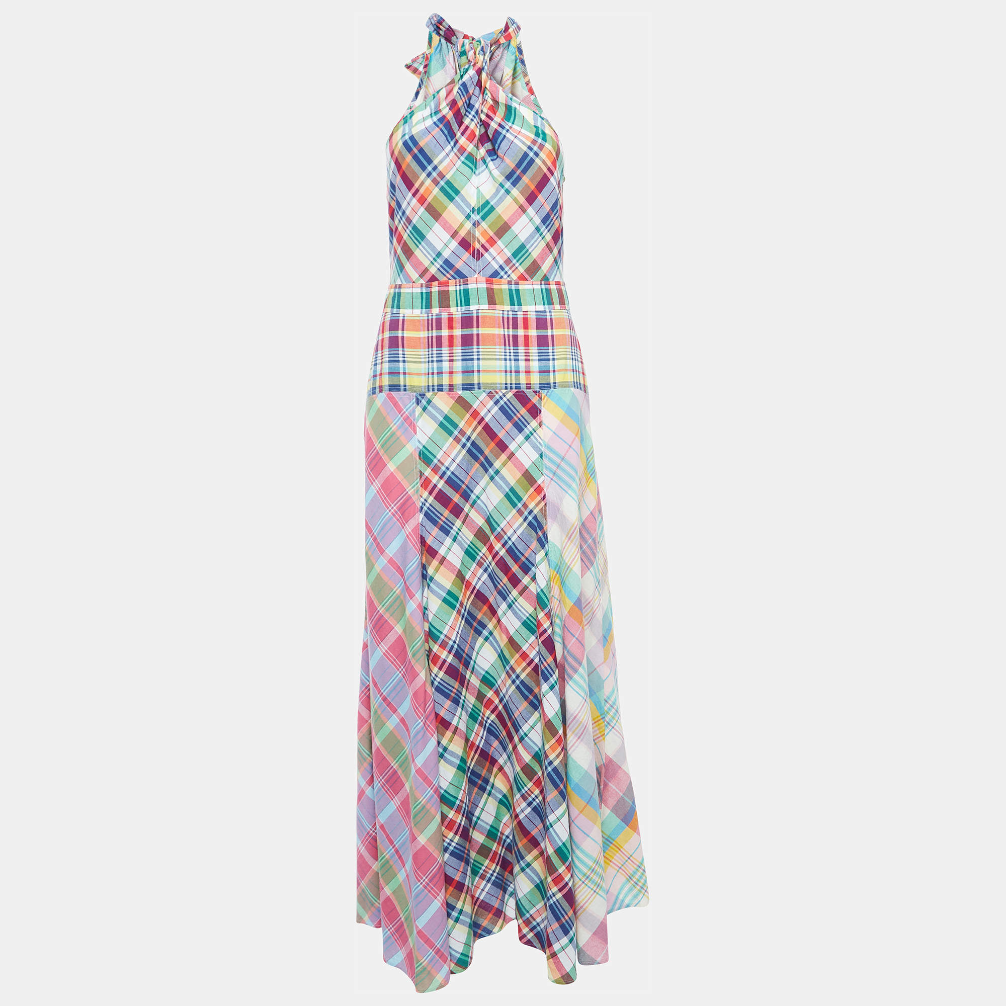 Pre Owned Polo Ralph Lauren Multicolor Check Print Cotton Halterneck Dress M