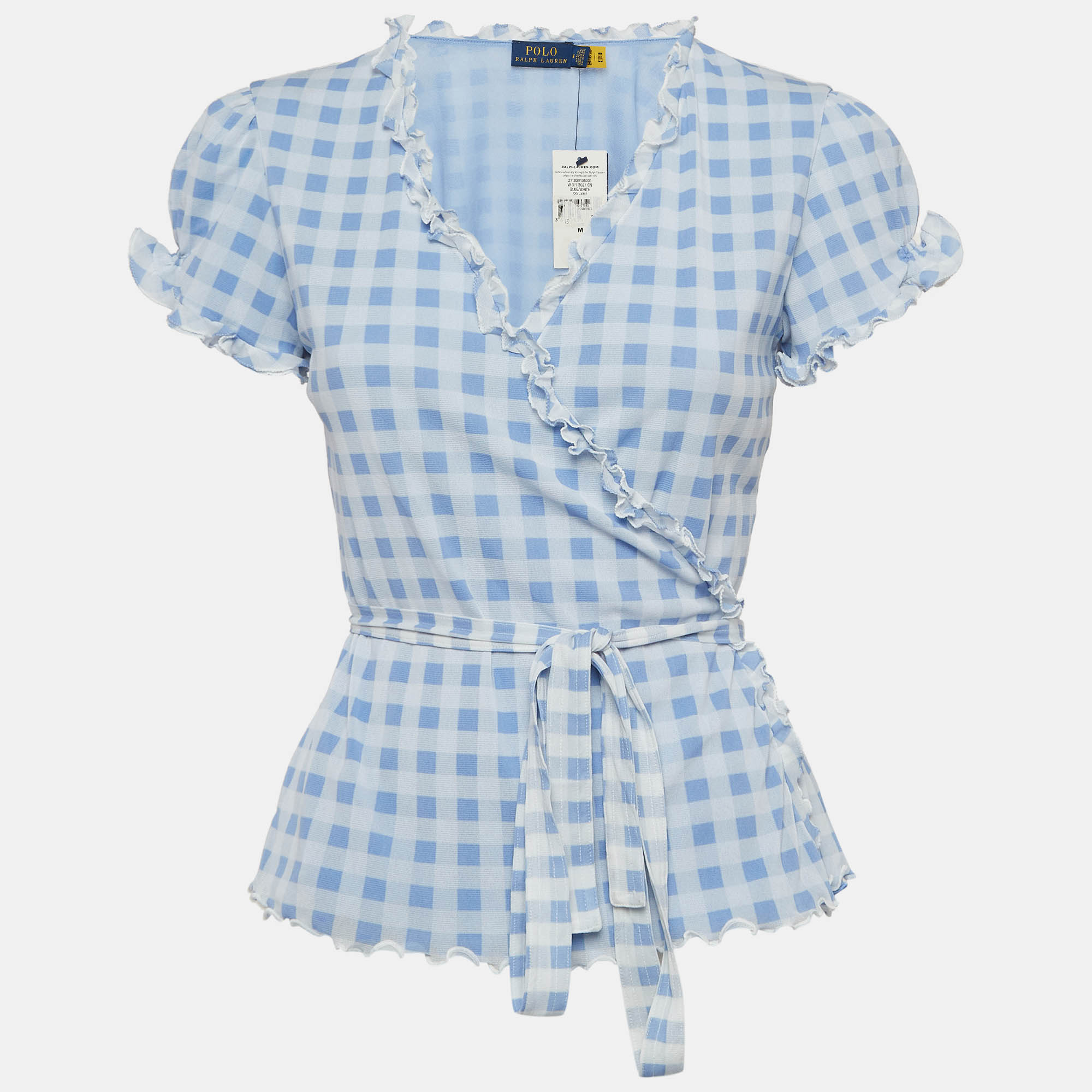 Pre Owned Polo Ralph Lauren Blue Checked Knit Wrap Top M