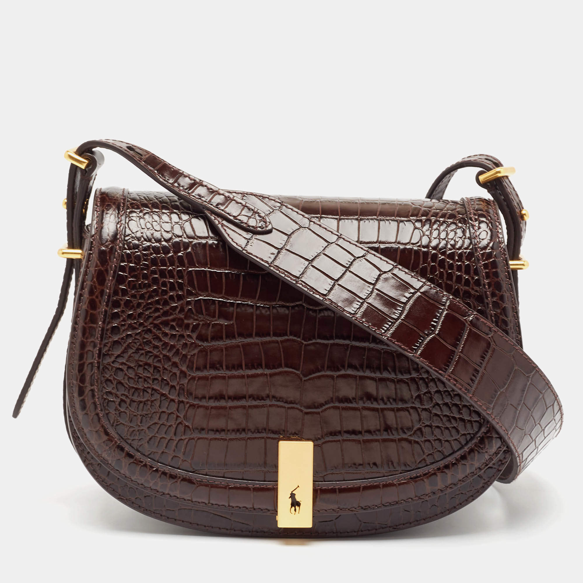 Pre Owned Polo Ralph Lauren Brown Croc Embossed Leather Saddle Crossbody Bag