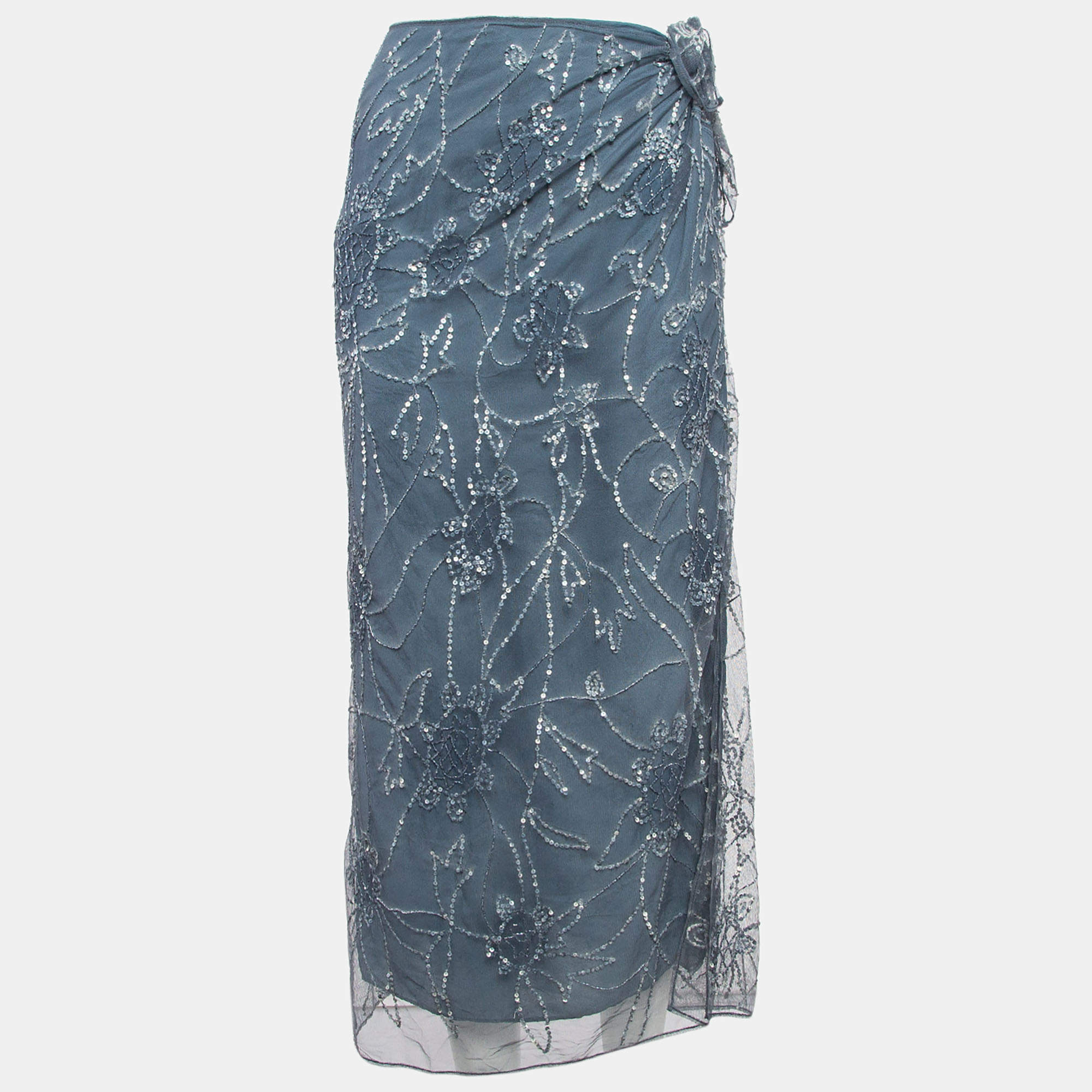 Pre Owned Polo Ralph Lauren Grey Sequin Embroidered Tulle Midi Skirt L