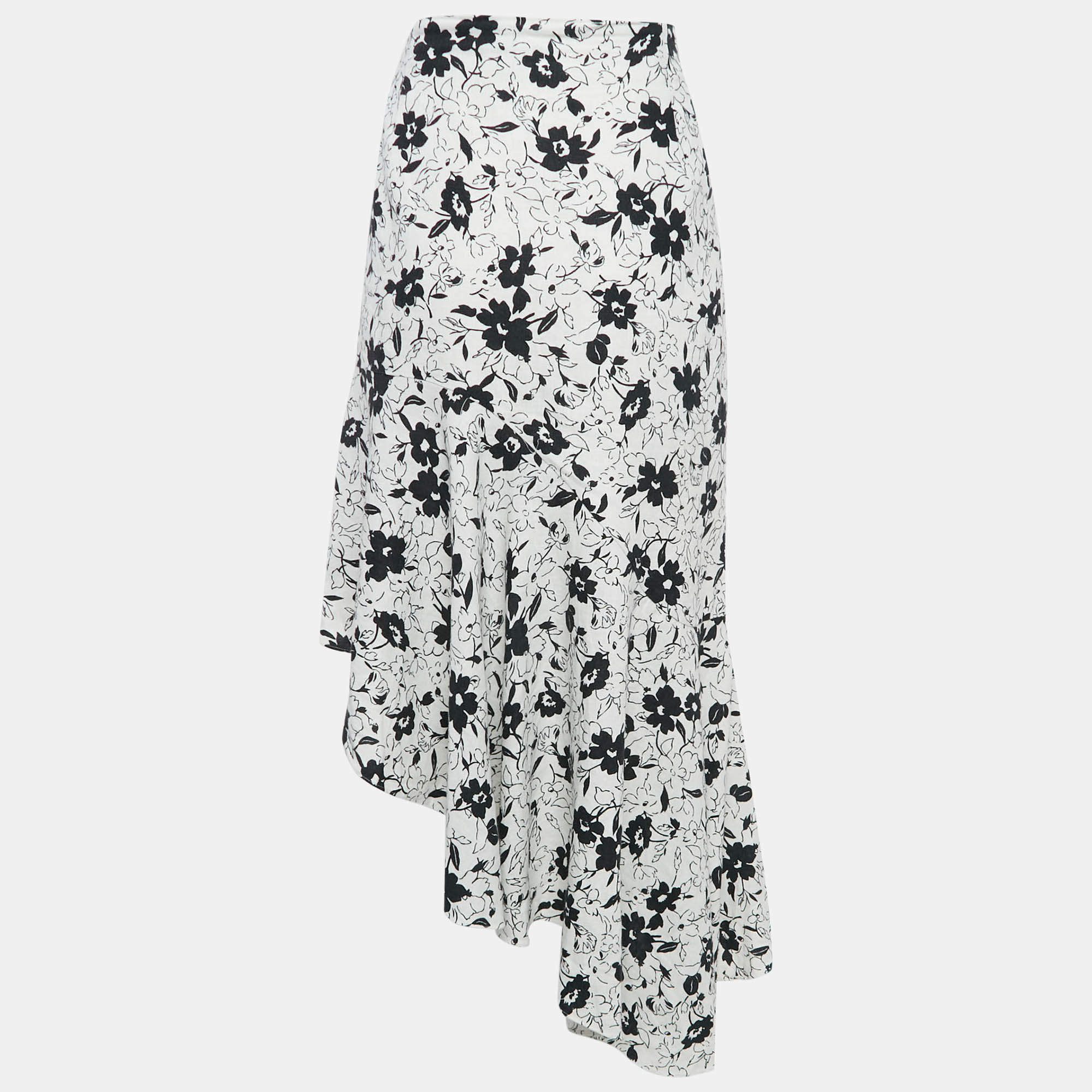 مملوكة مسبقًا Polo Ralph Lauren White Floral Print Linen Ruffled Asymmetric Skirt L