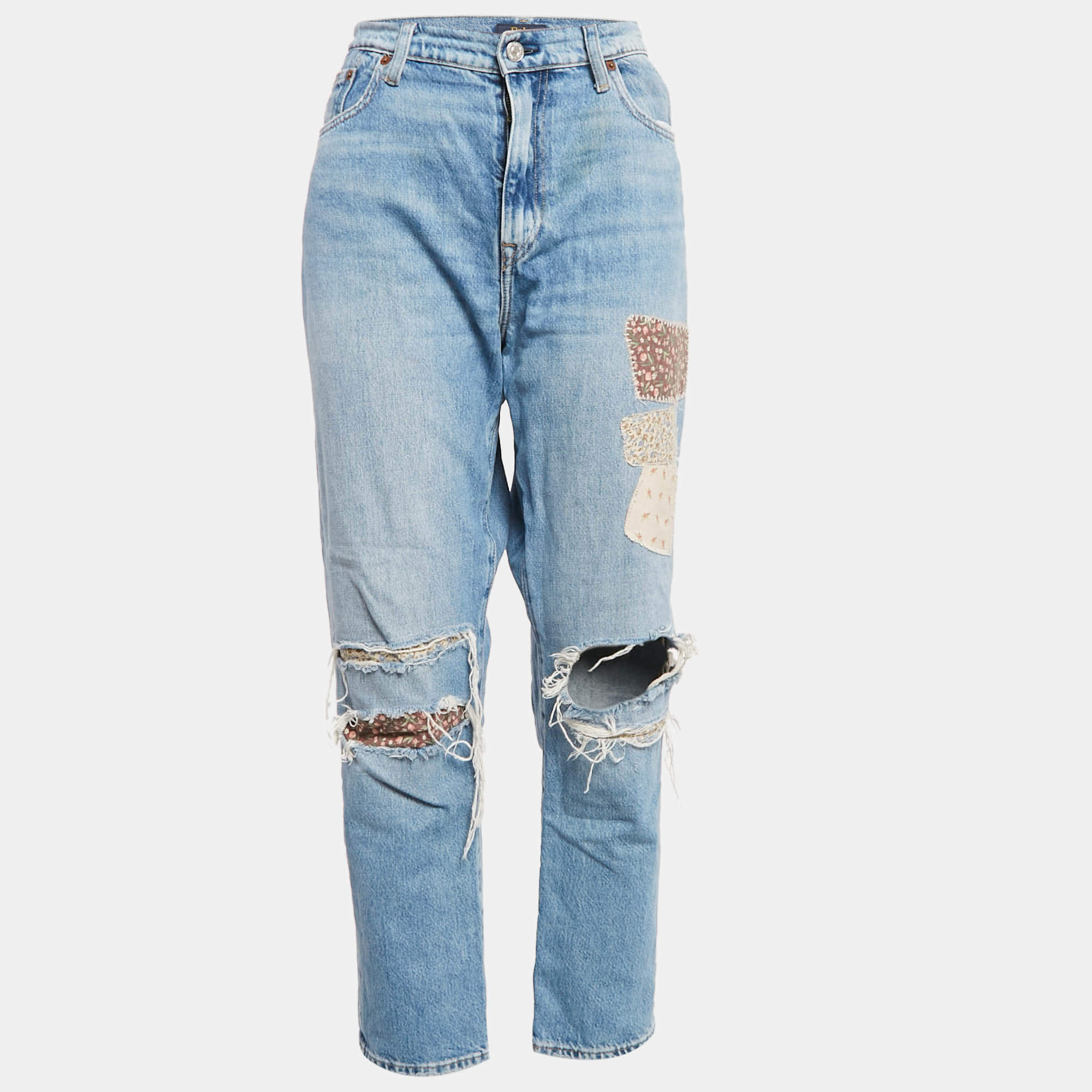 مملوكة مسبقًا Polo Ralph Lauren Blue Patchwork Denim Boyfriend Jeans L Waist 36"