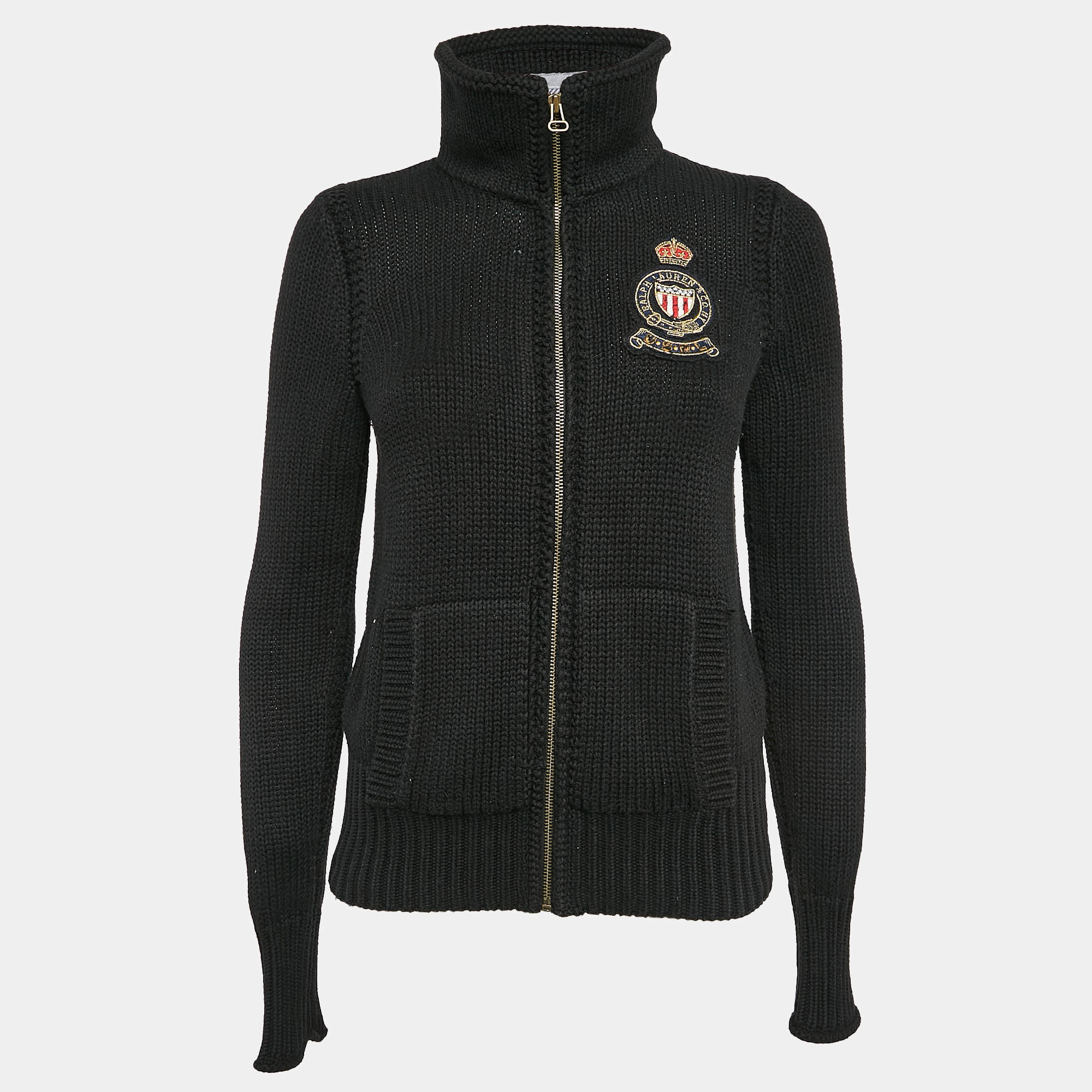 Pre Owned Polo Ralph Lauren Black Cotton Logo Applique Zip-Up Cardigan S