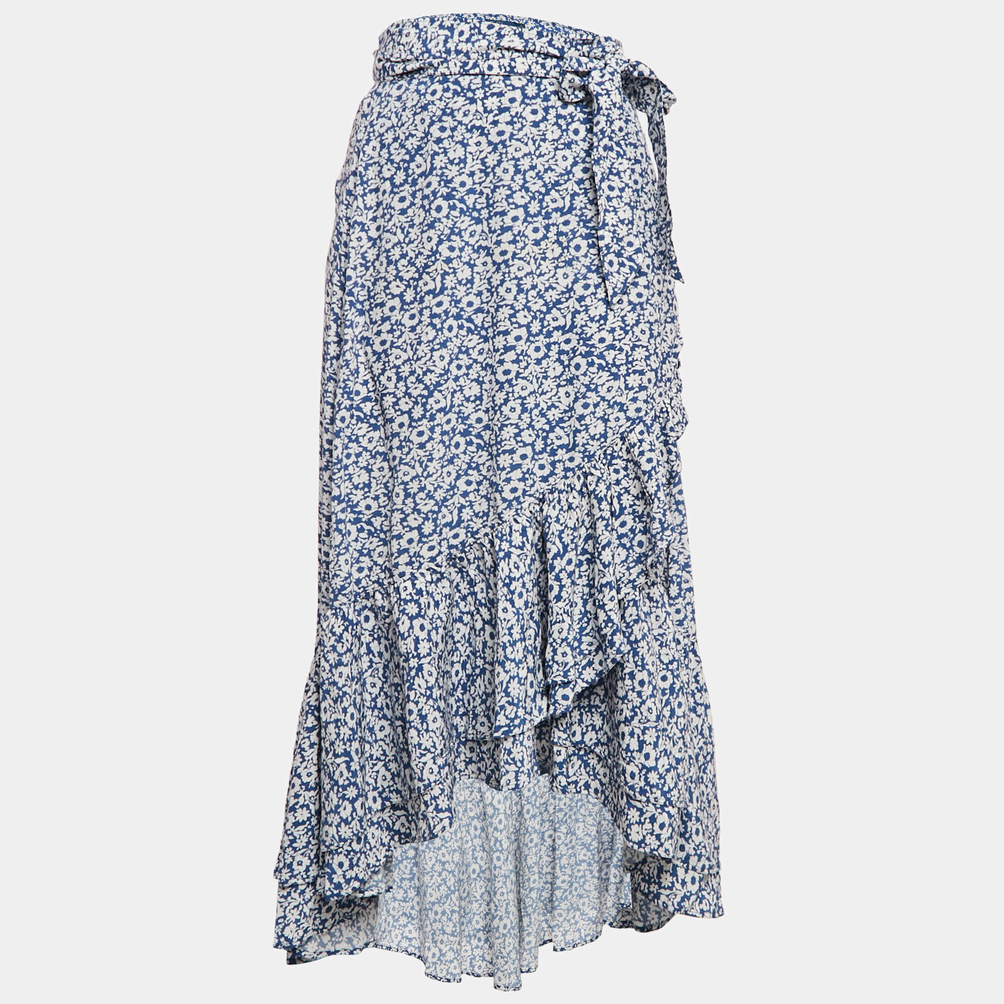 Pre Owned Polo Ralph Lauren Blue Floral Print Viscose Ruffled Midi Wrap Skirt M